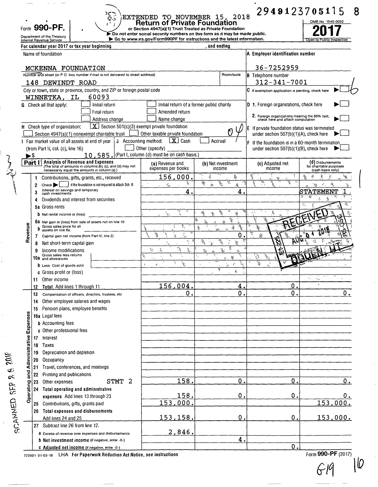 Image of first page of 2017 Form 990PF for Mckenna Foundation