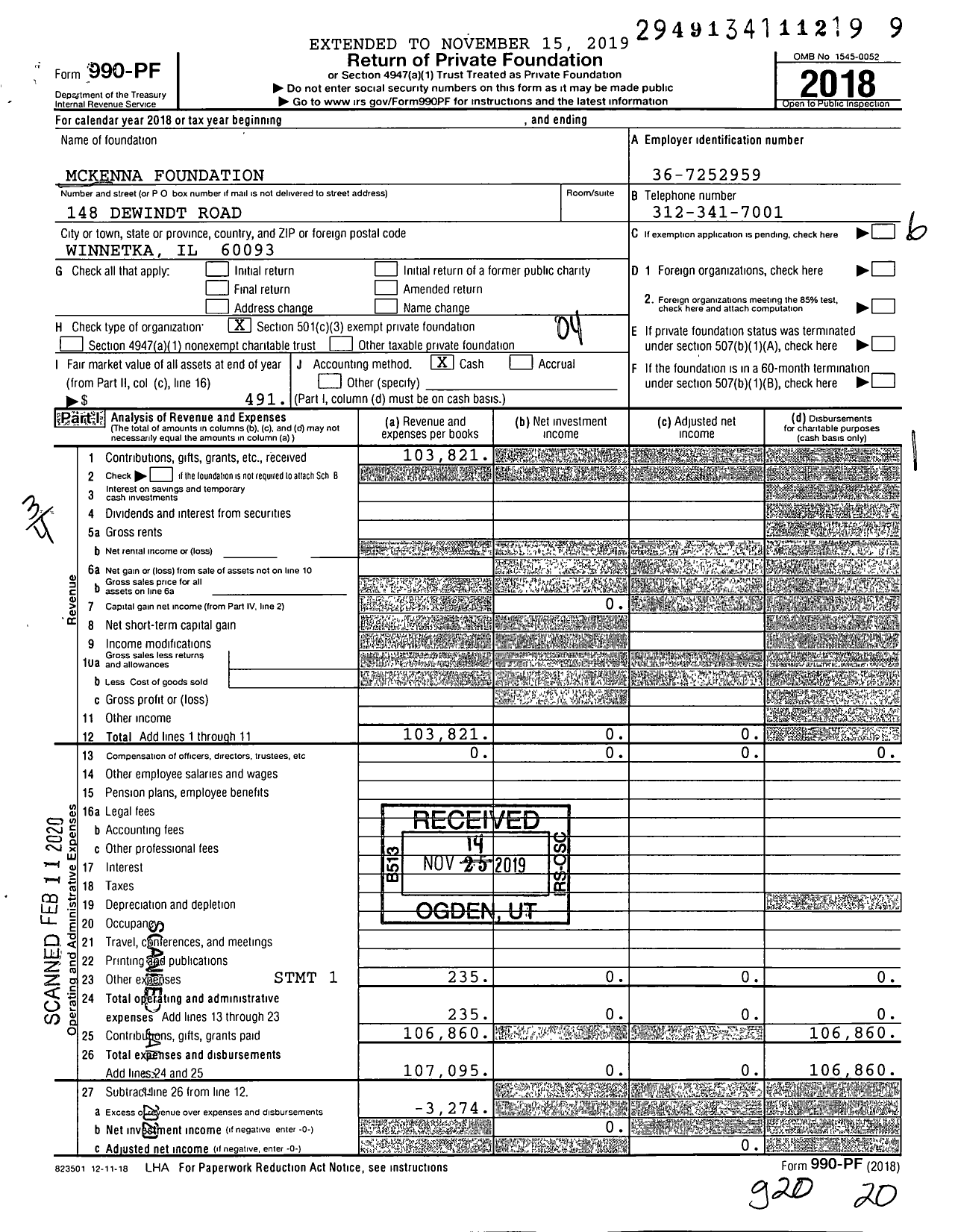 Image of first page of 2018 Form 990PF for Mckenna Foundation