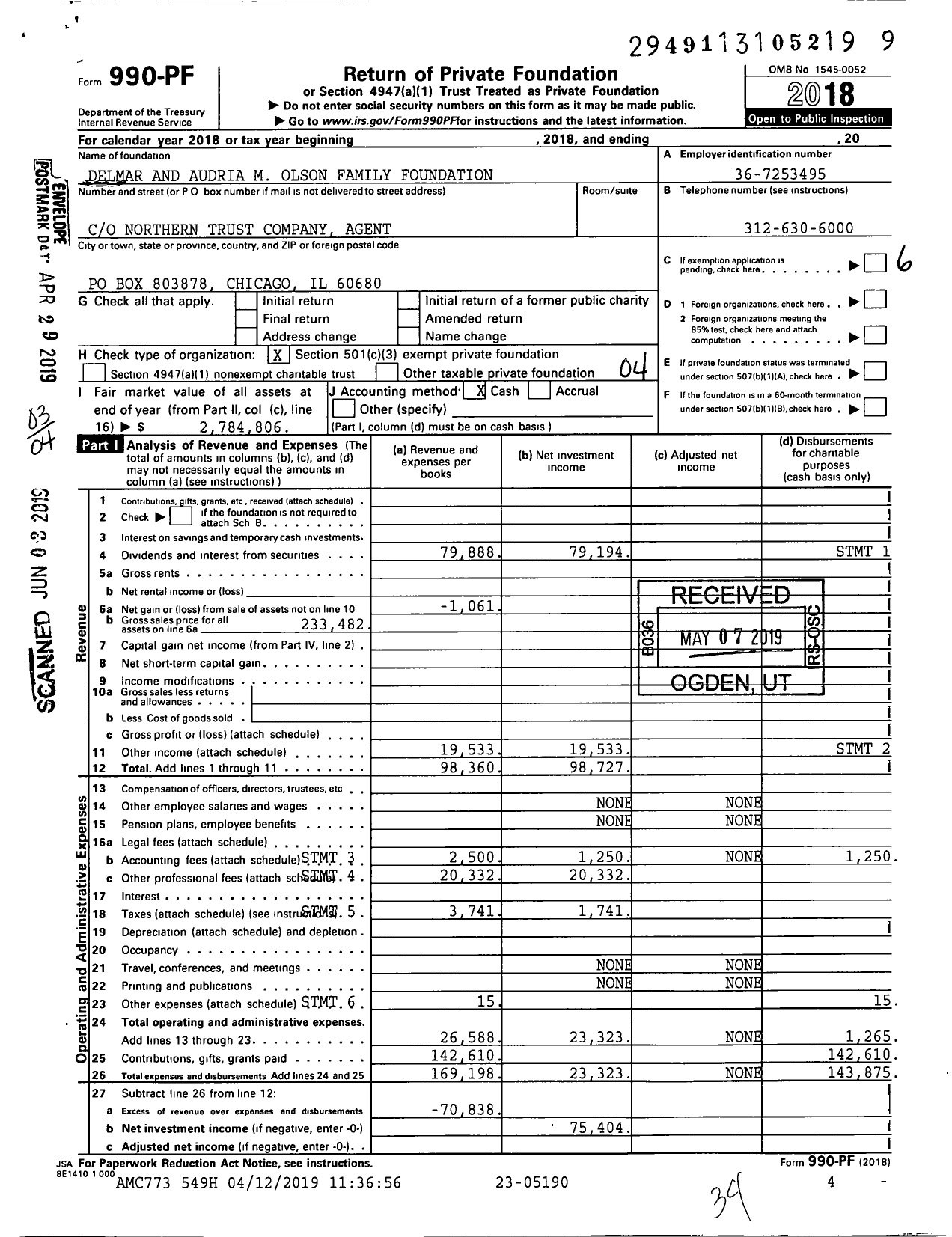 Image of first page of 2018 Form 990PF for Delmar and Audria M Olson Family Foundation