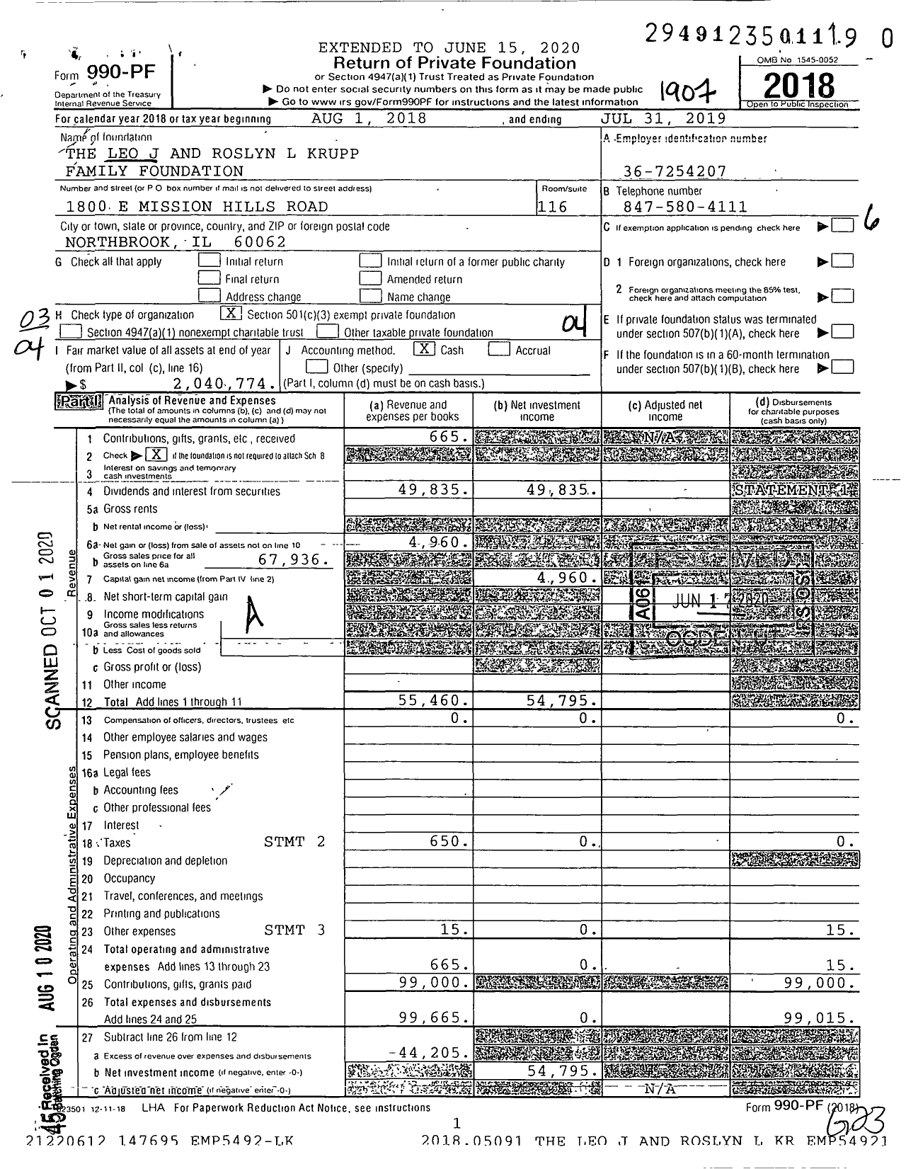 Image of first page of 2018 Form 990PR for Leo J and Roslyn L Krupp Family Foundation