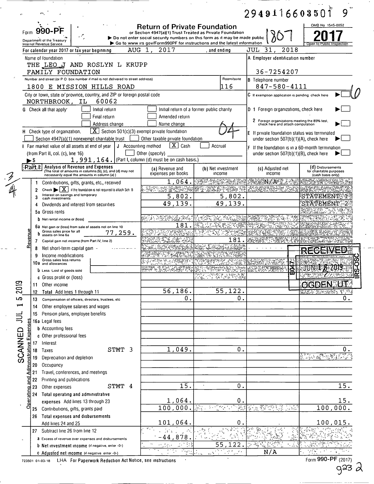 Image of first page of 2017 Form 990PF for Leo J and Roslyn L Krupp Family Foundation