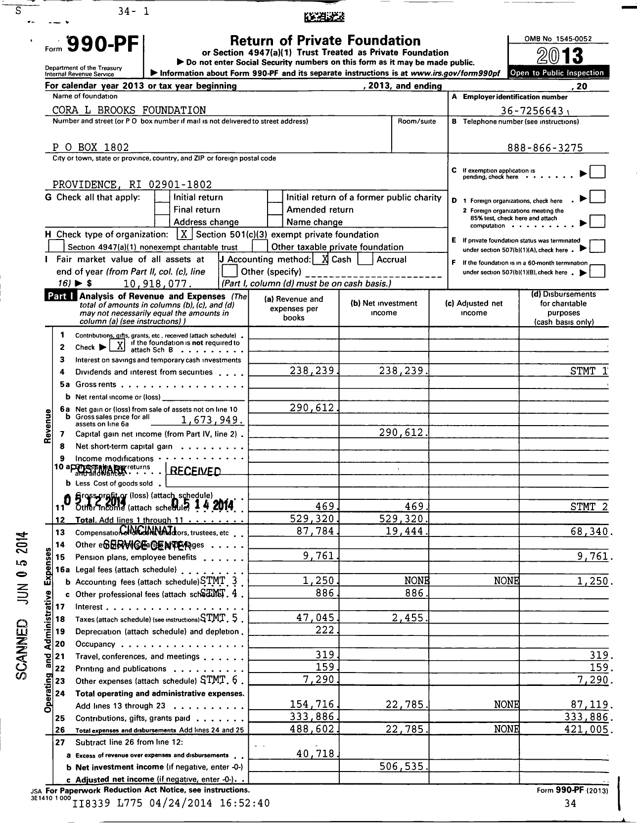 Image of first page of 2013 Form 990PF for Cora L Brooks Foundation