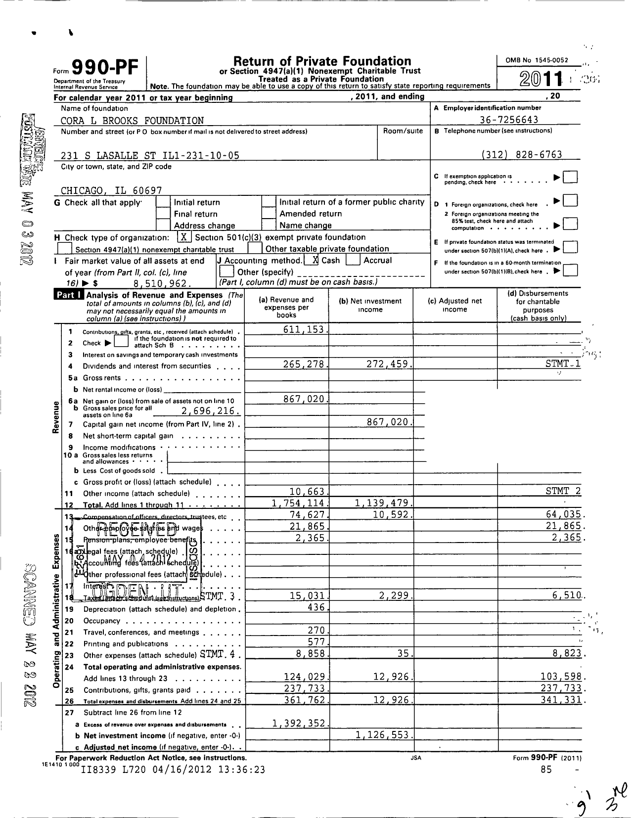 Image of first page of 2011 Form 990PF for Cora L Brooks Foundation