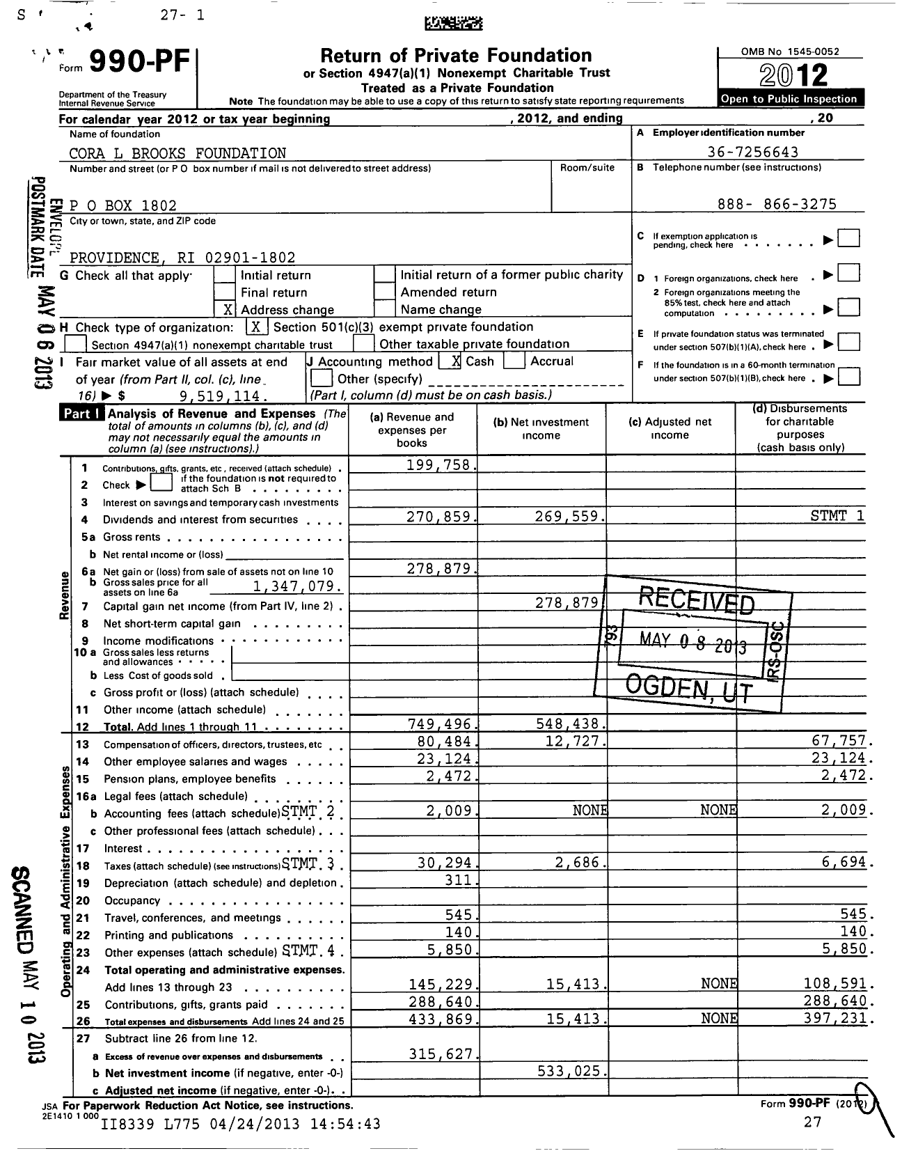 Image of first page of 2012 Form 990PF for Cora L Brooks Foundation