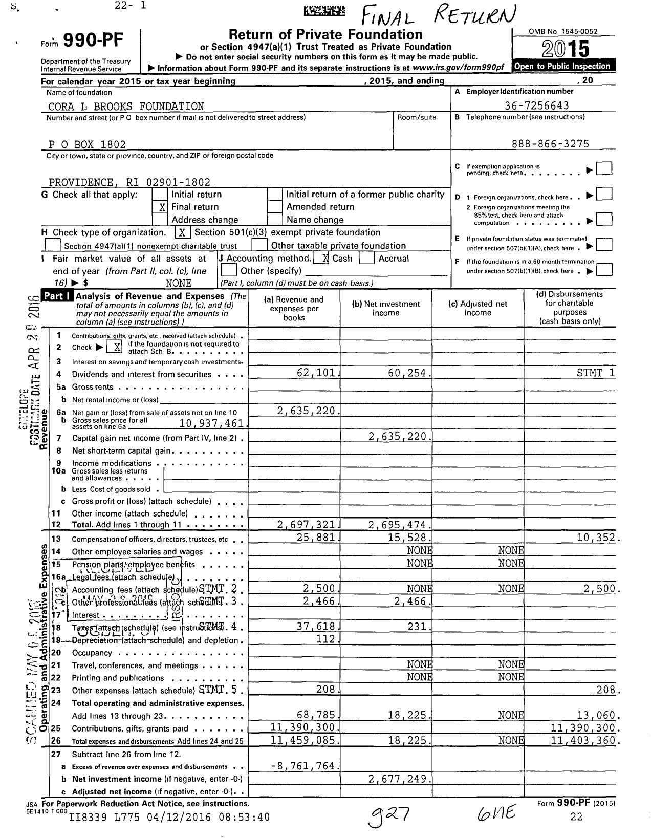 Image of first page of 2015 Form 990PF for Cora L Brooks Foundation