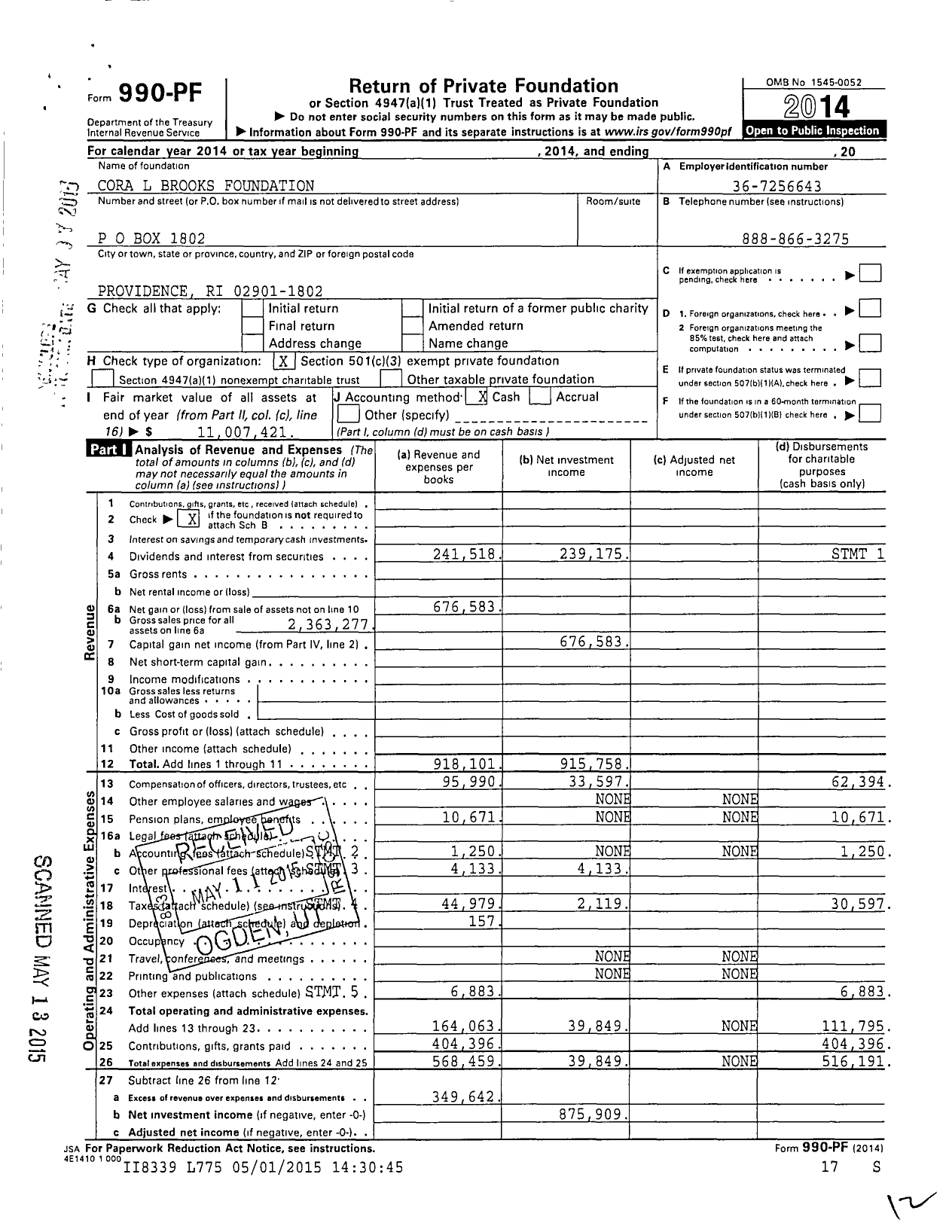 Image of first page of 2014 Form 990PF for Cora L Brooks Foundation