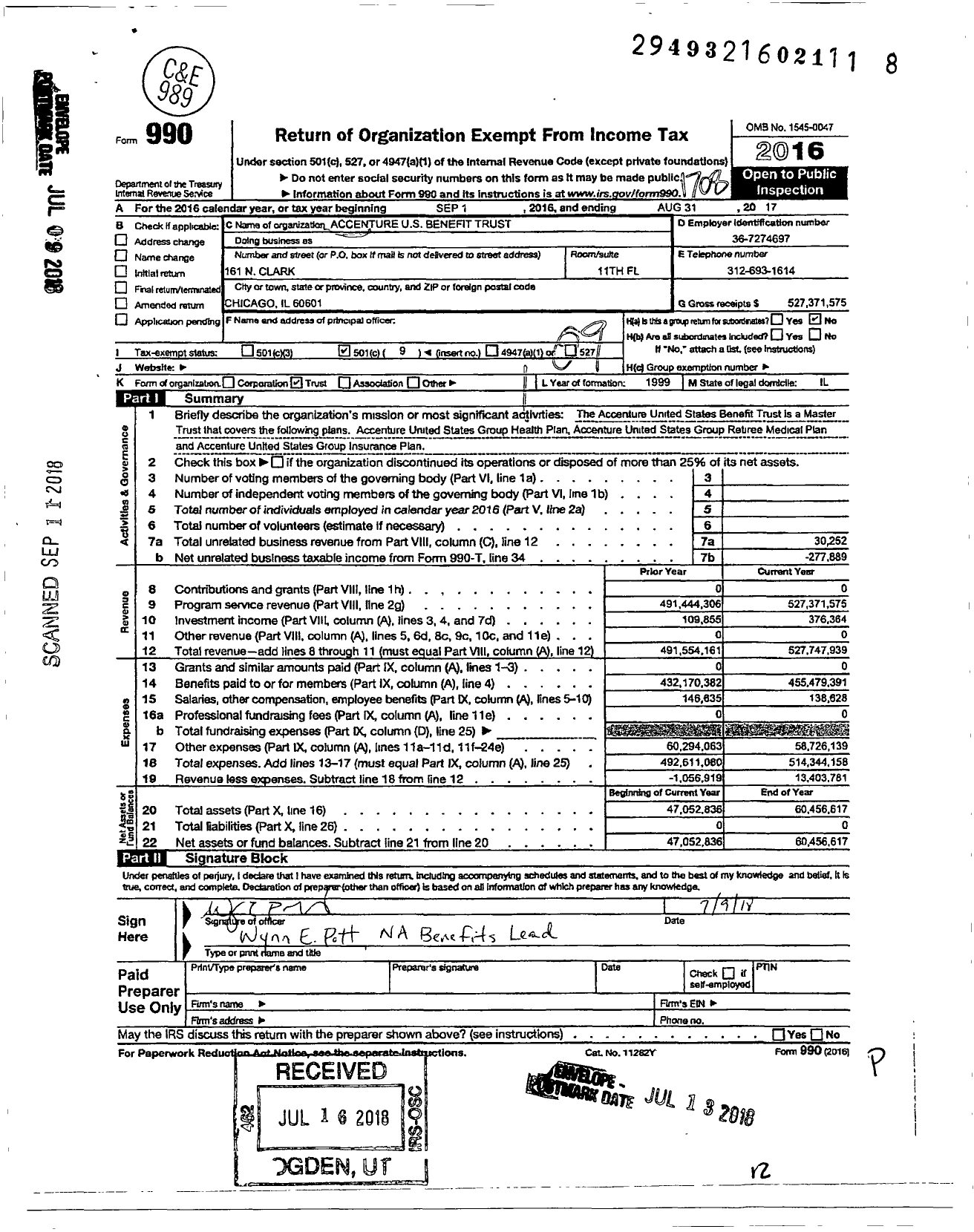 Image of first page of 2016 Form 990O for Accenture United States Benefit Trust