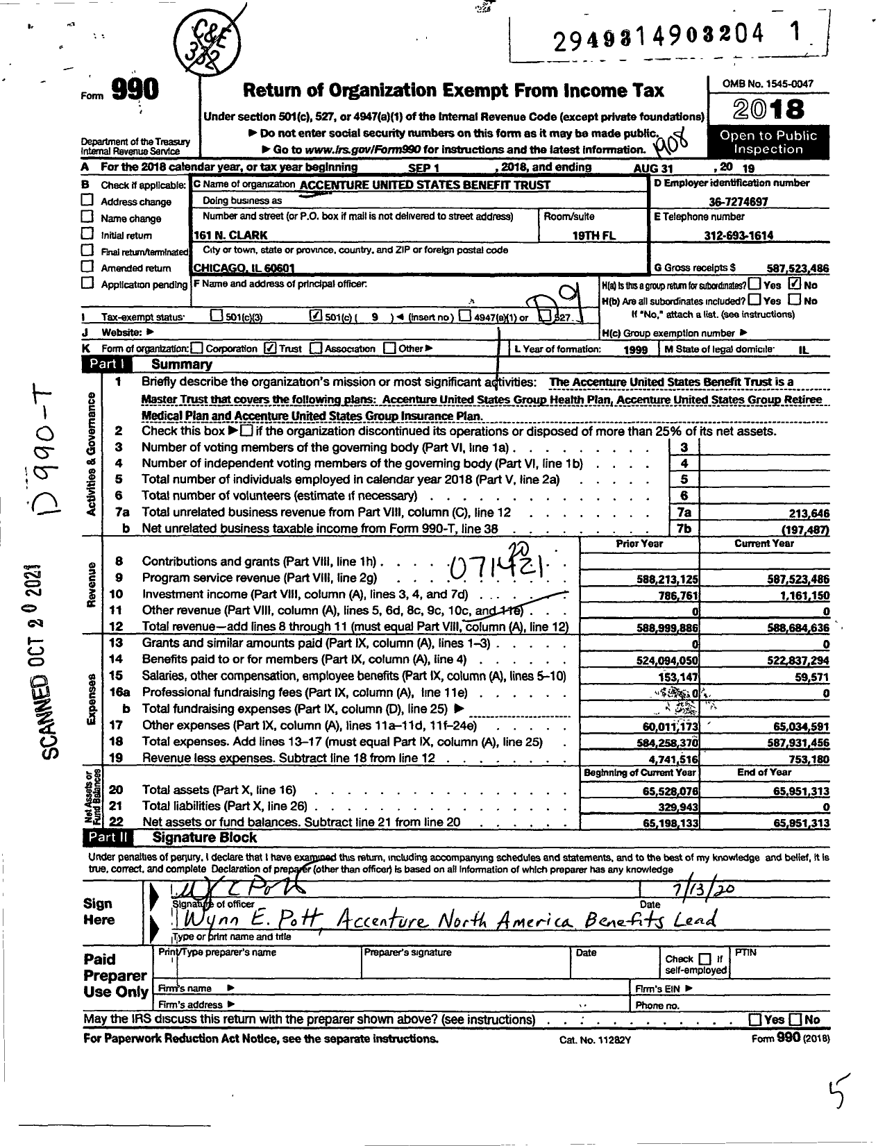Image of first page of 2018 Form 990O for Accenture United States Benefit Trust