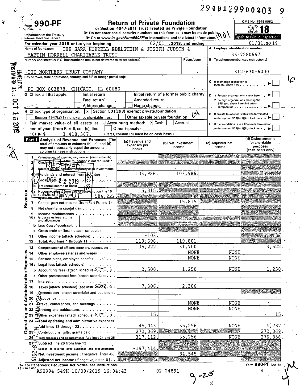 Image of first page of 2018 Form 990PF for The Sara Horrell Edelstein and Joseph Judson