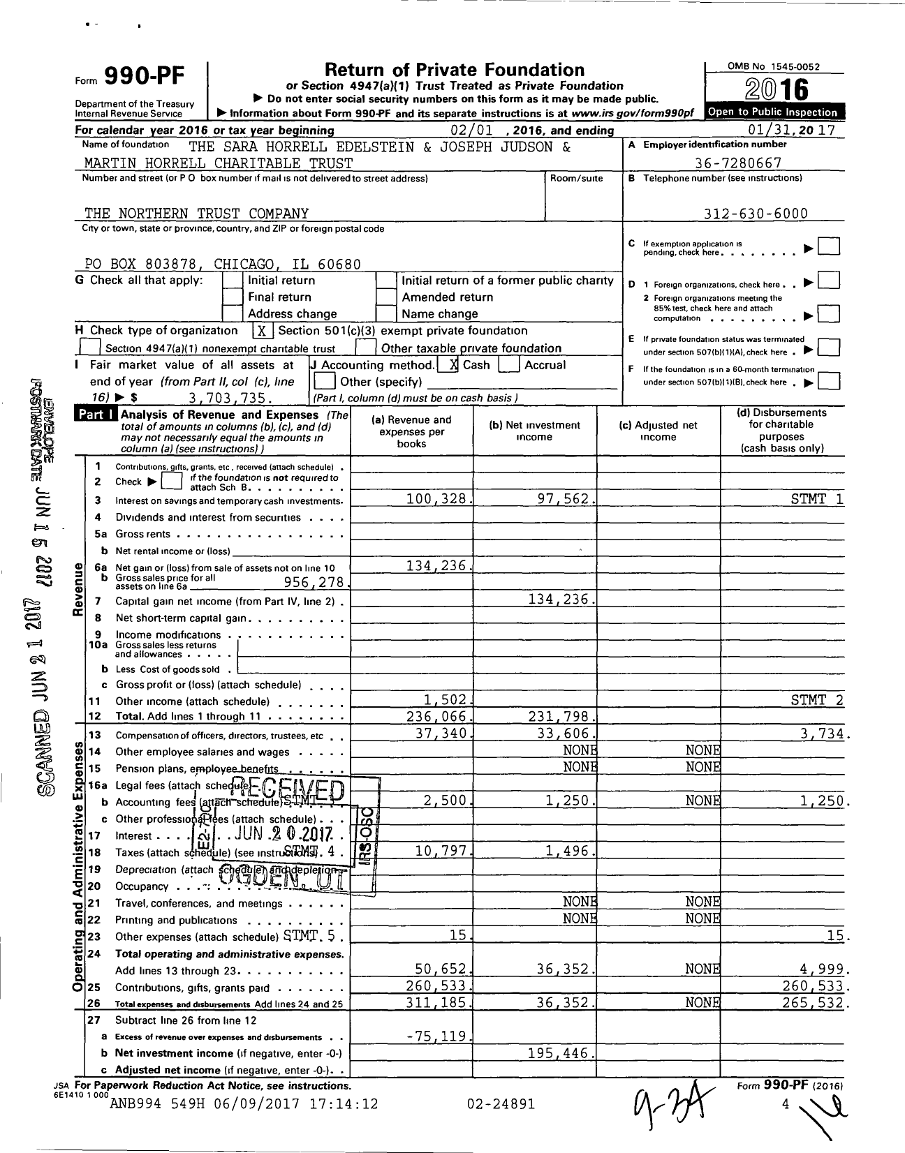 Image of first page of 2016 Form 990PF for The Sara Horrell Edelstein and Joseph Judson