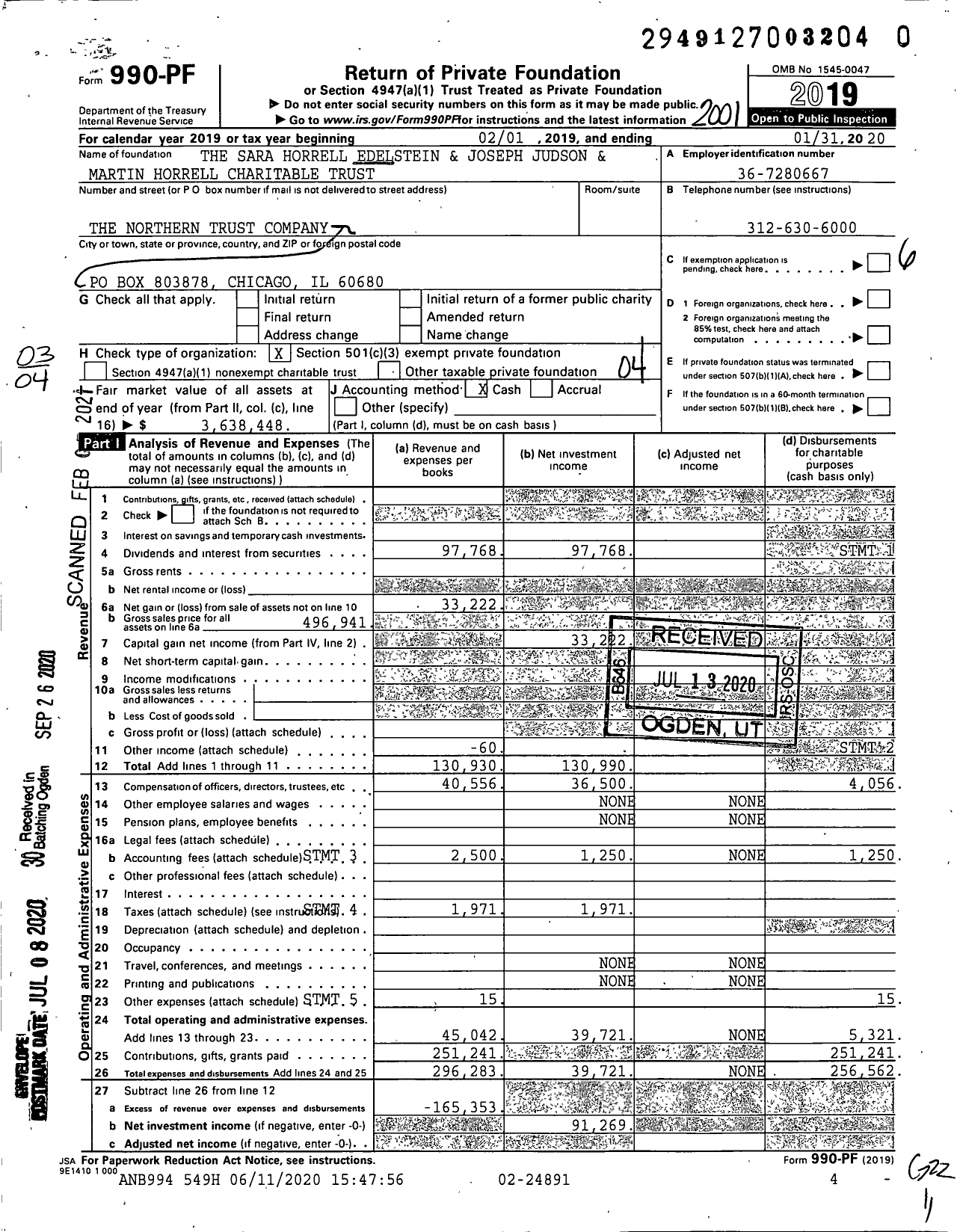 Image of first page of 2019 Form 990PF for The Sara Horrell Edelstein and Joseph Judson