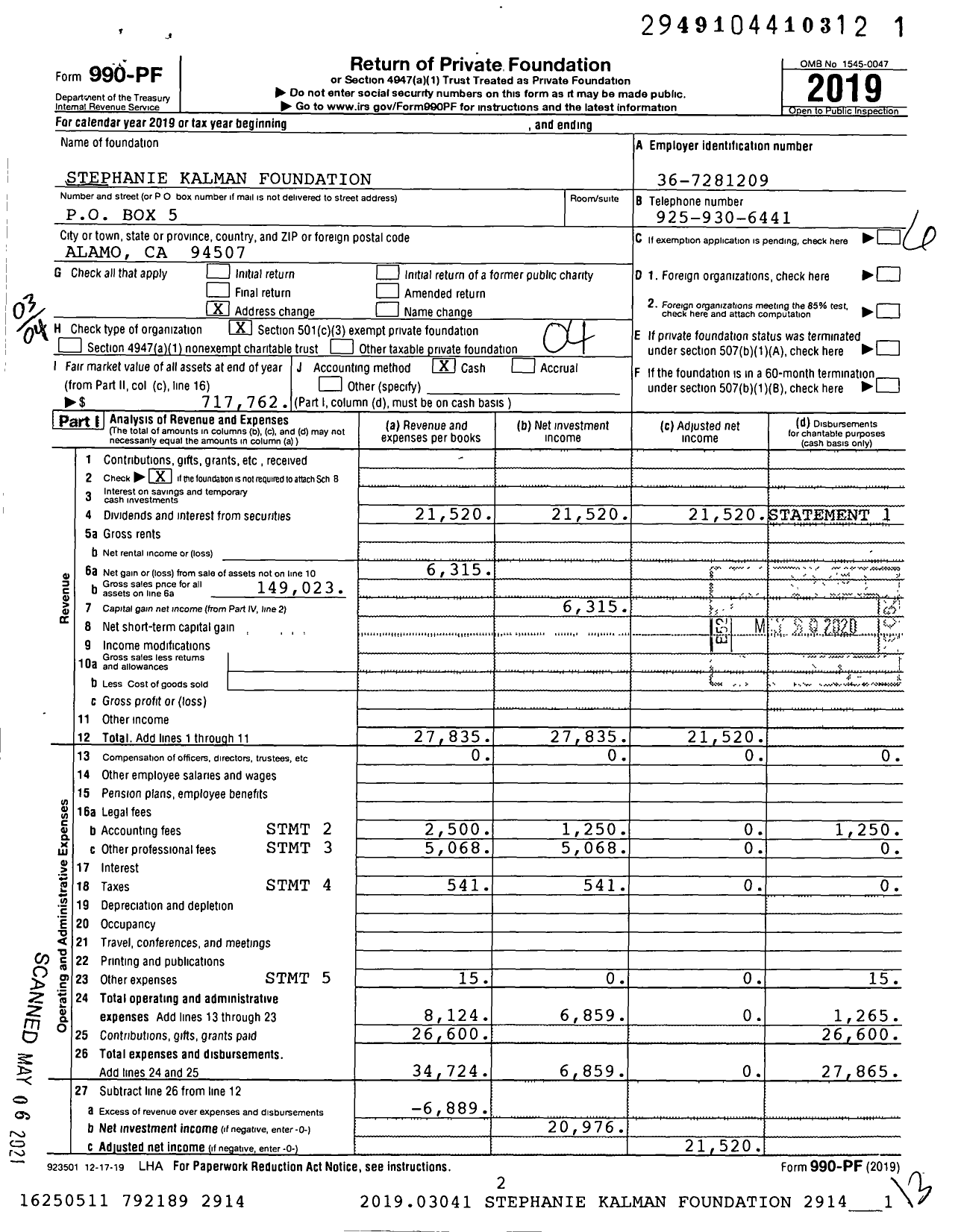 Image of first page of 2019 Form 990PF for Stephanie Kalman Foundation