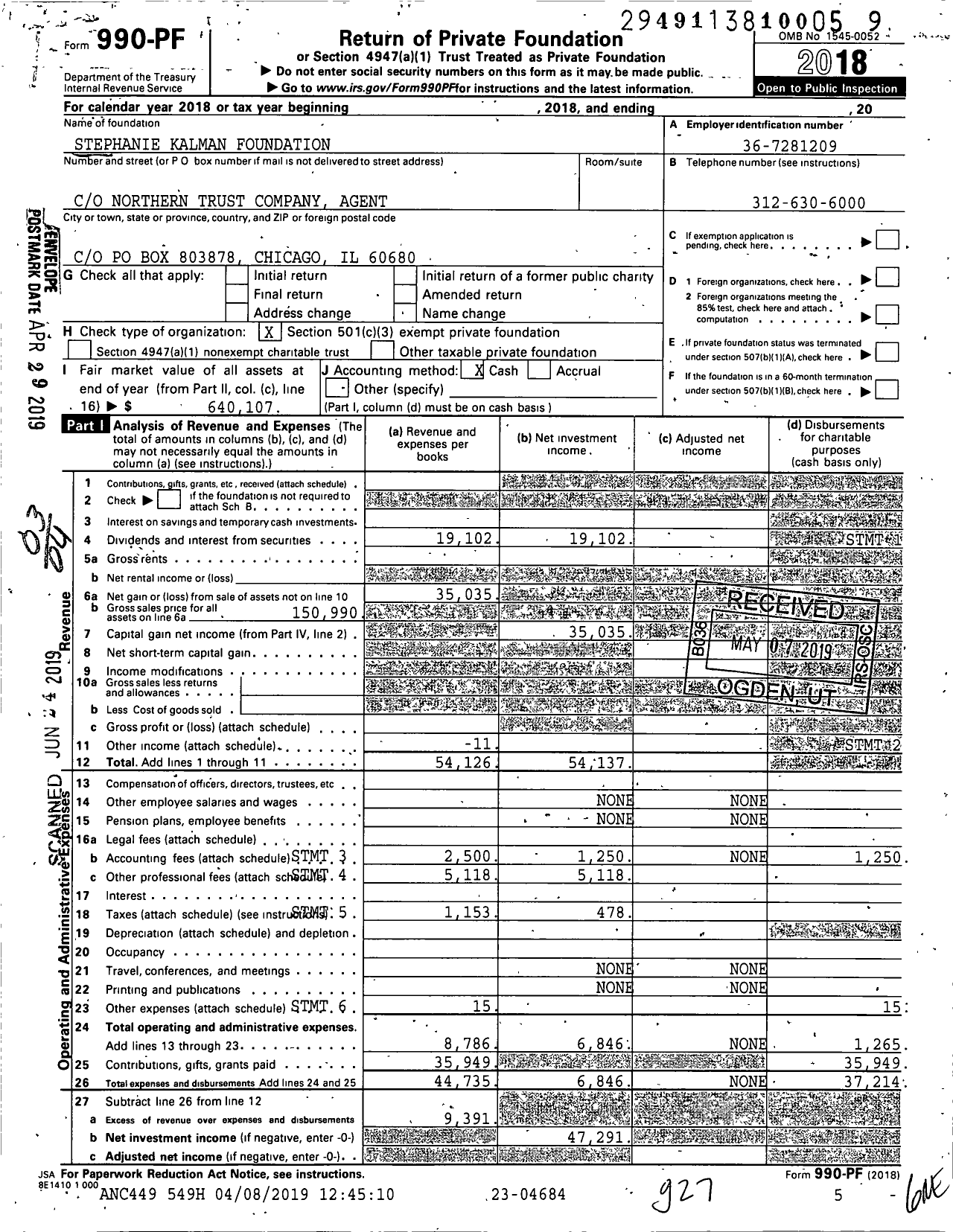 Image of first page of 2018 Form 990PF for Stephanie Kalman Foundation