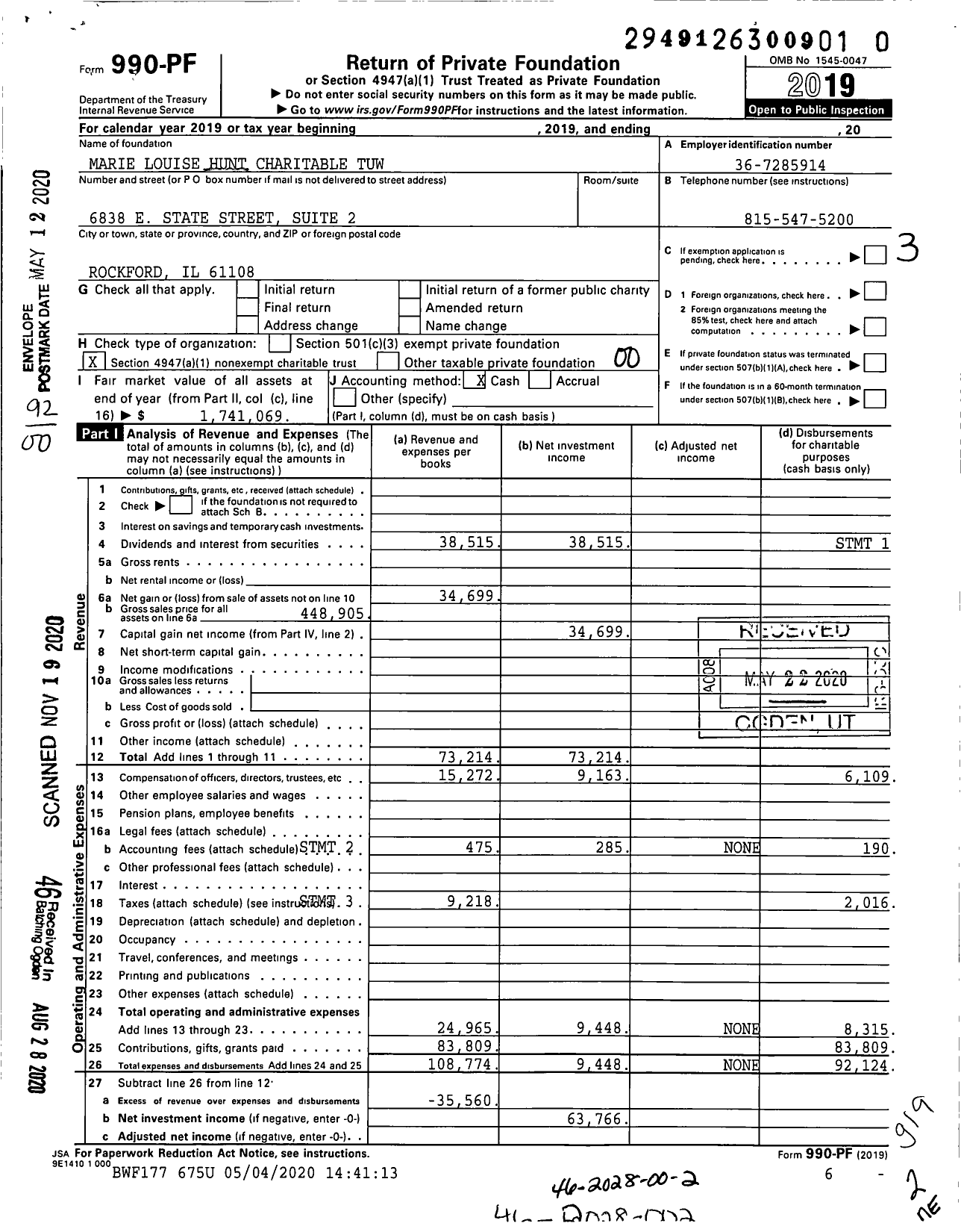 Image of first page of 2019 Form 990PF for Marie Louise Hunt Charitable Tuw