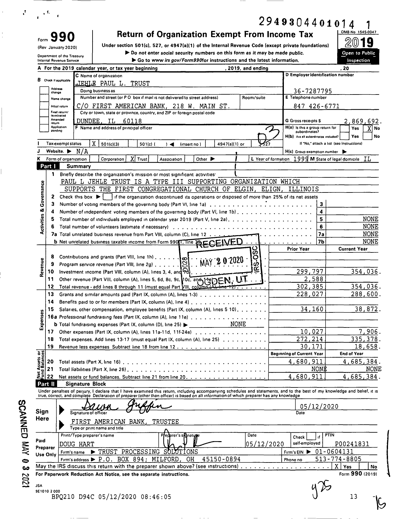 Image of first page of 2019 Form 990 for Jehle Paul L Trust