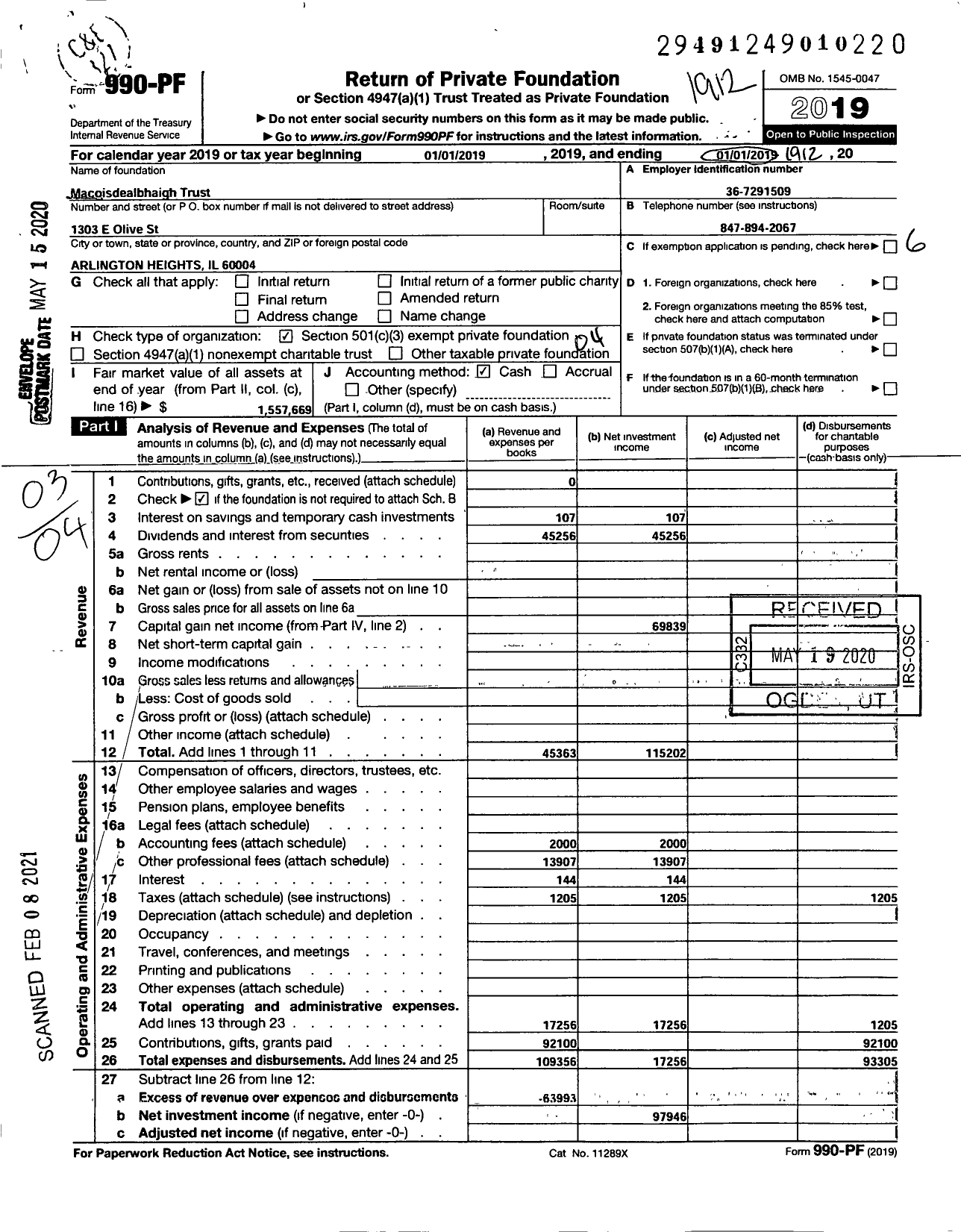 Image of first page of 2019 Form 990PF for Macoisdealbaigh Trust