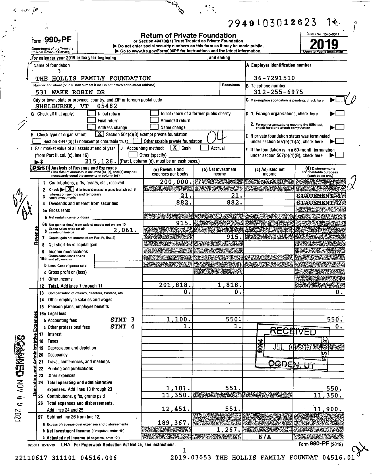 Image of first page of 2019 Form 990PF for The Hollis Family Foundation