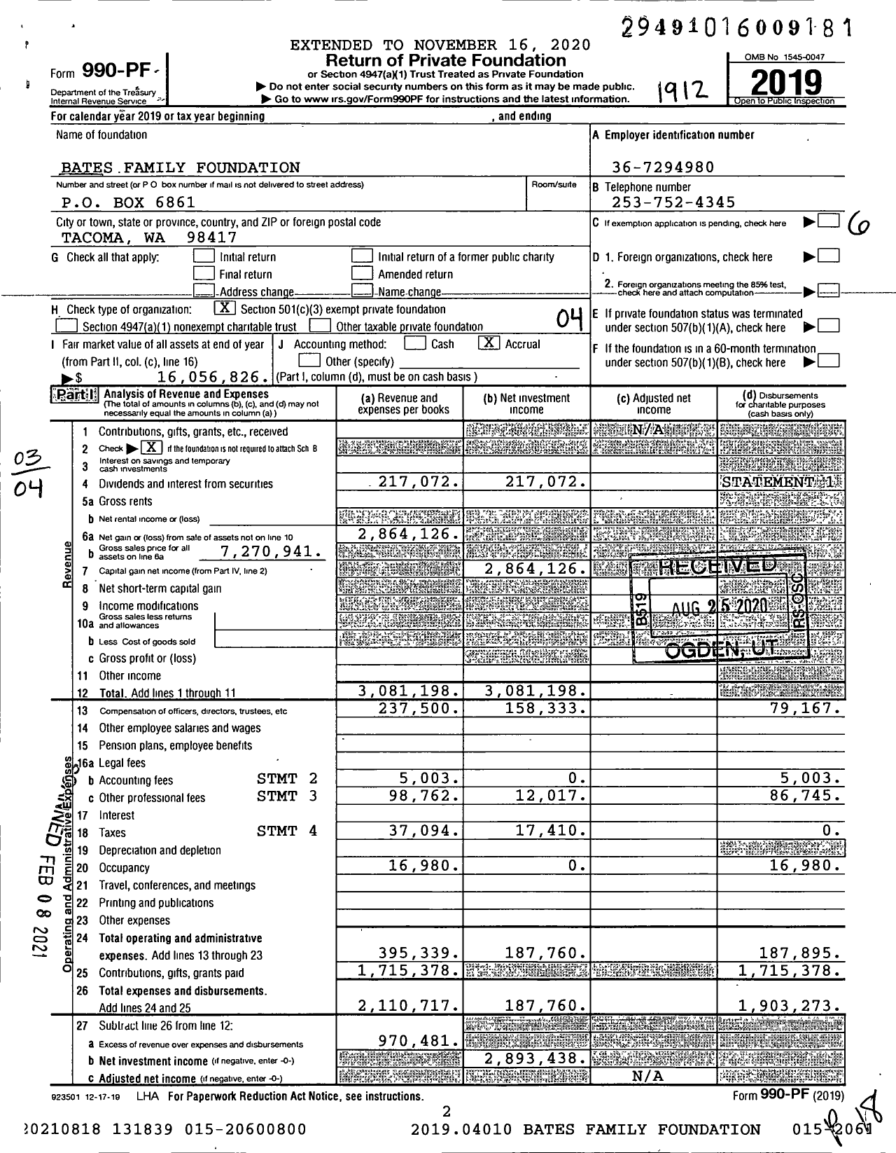 Image of first page of 2019 Form 990PF for Bates Family Foundation