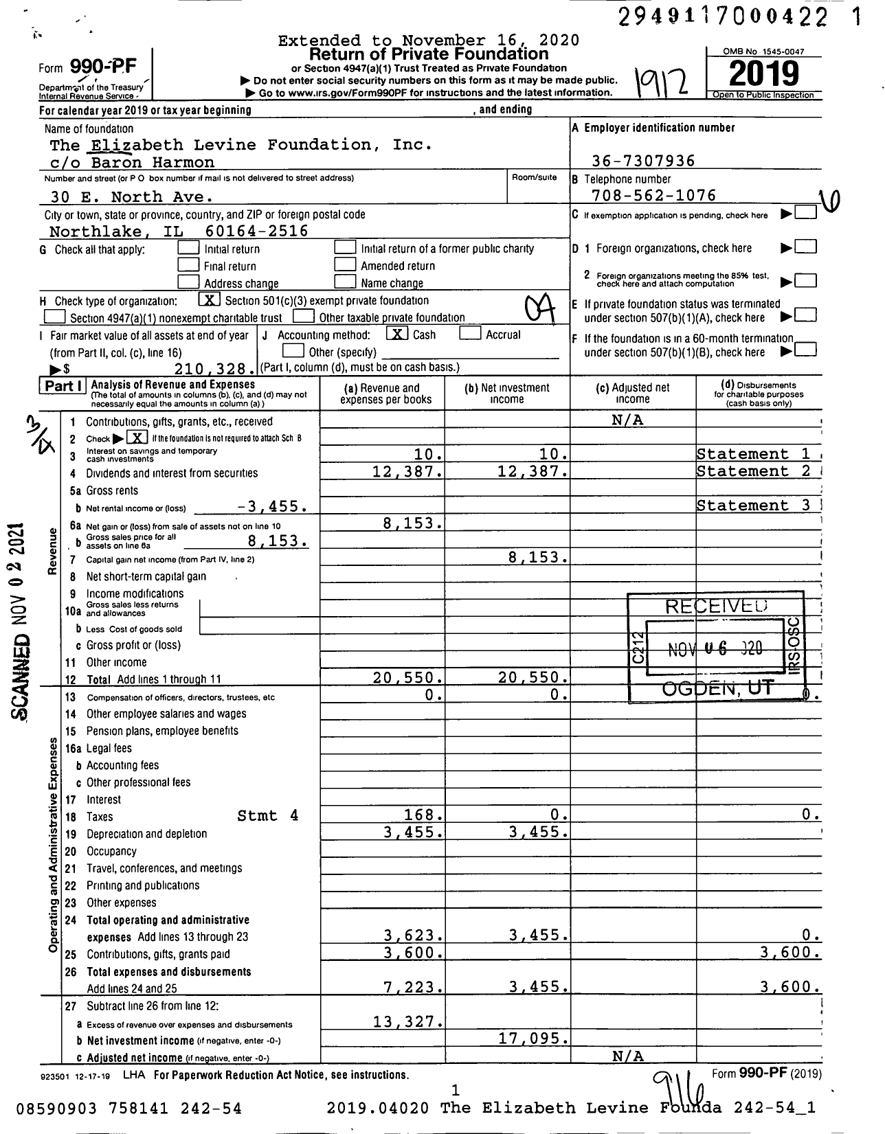 Image of first page of 2019 Form 990PF for The Elizabeth Levine Foundation