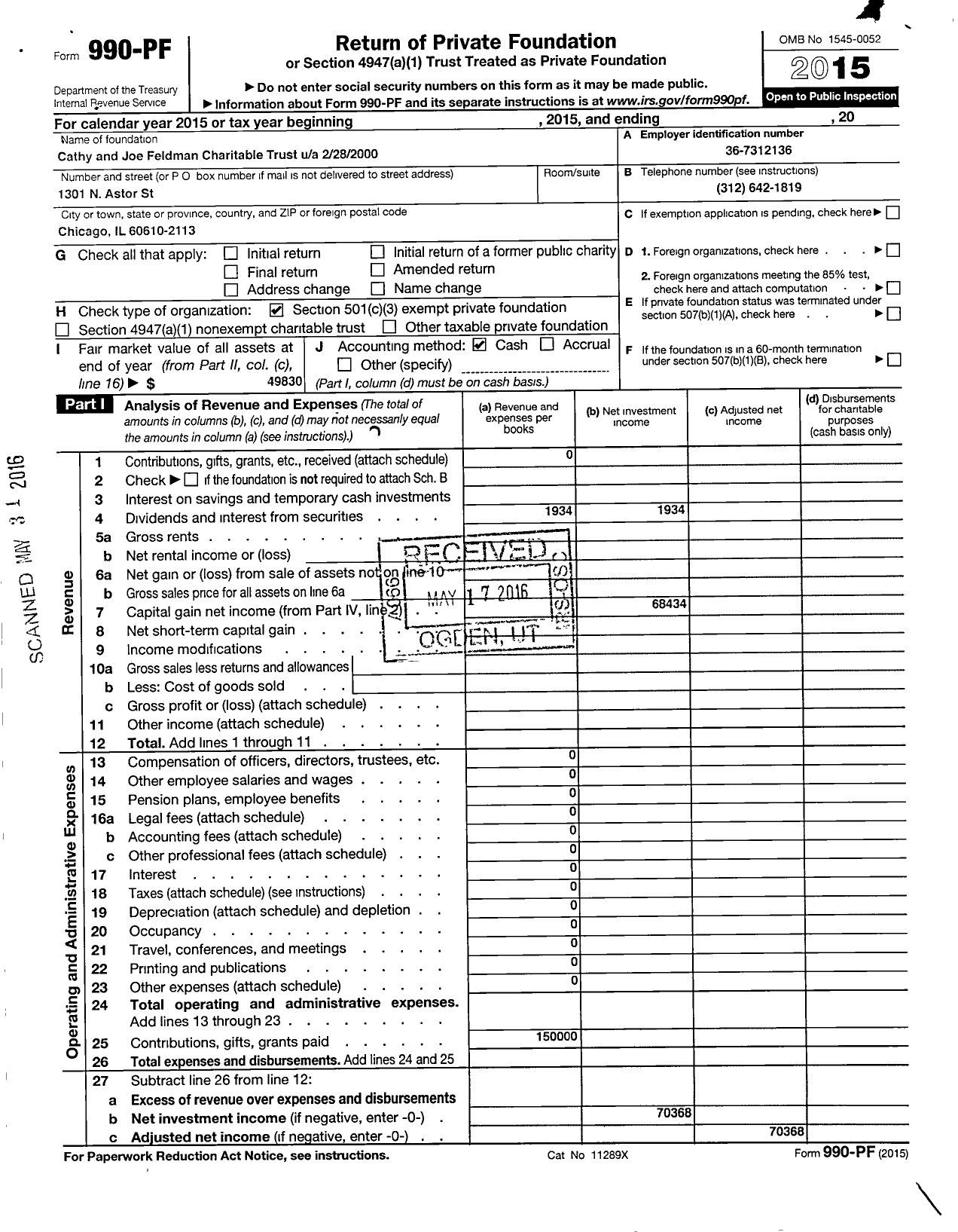 Image of first page of 2015 Form 990PF for Cathy and Joe Feldman Charitable Trust