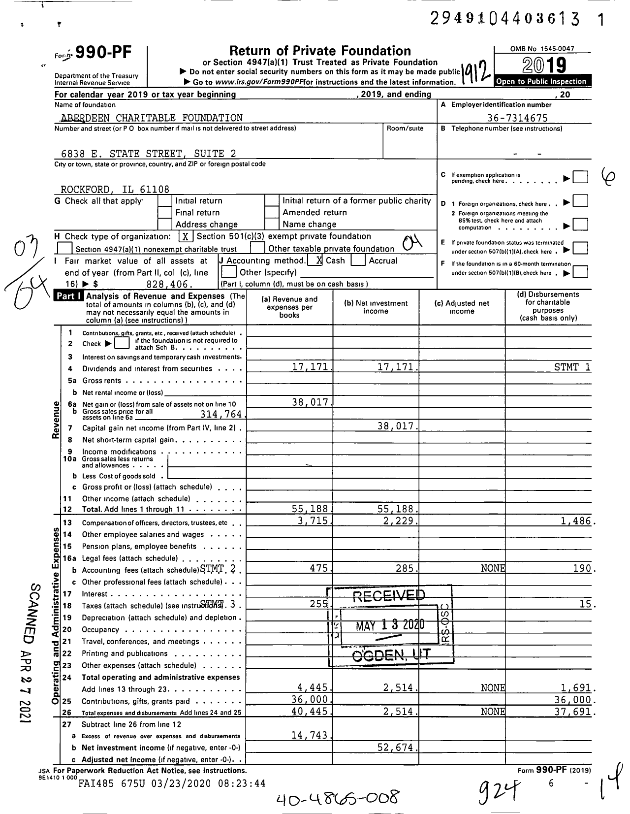 Image of first page of 2019 Form 990PF for Aberdeen Charitable Foundation