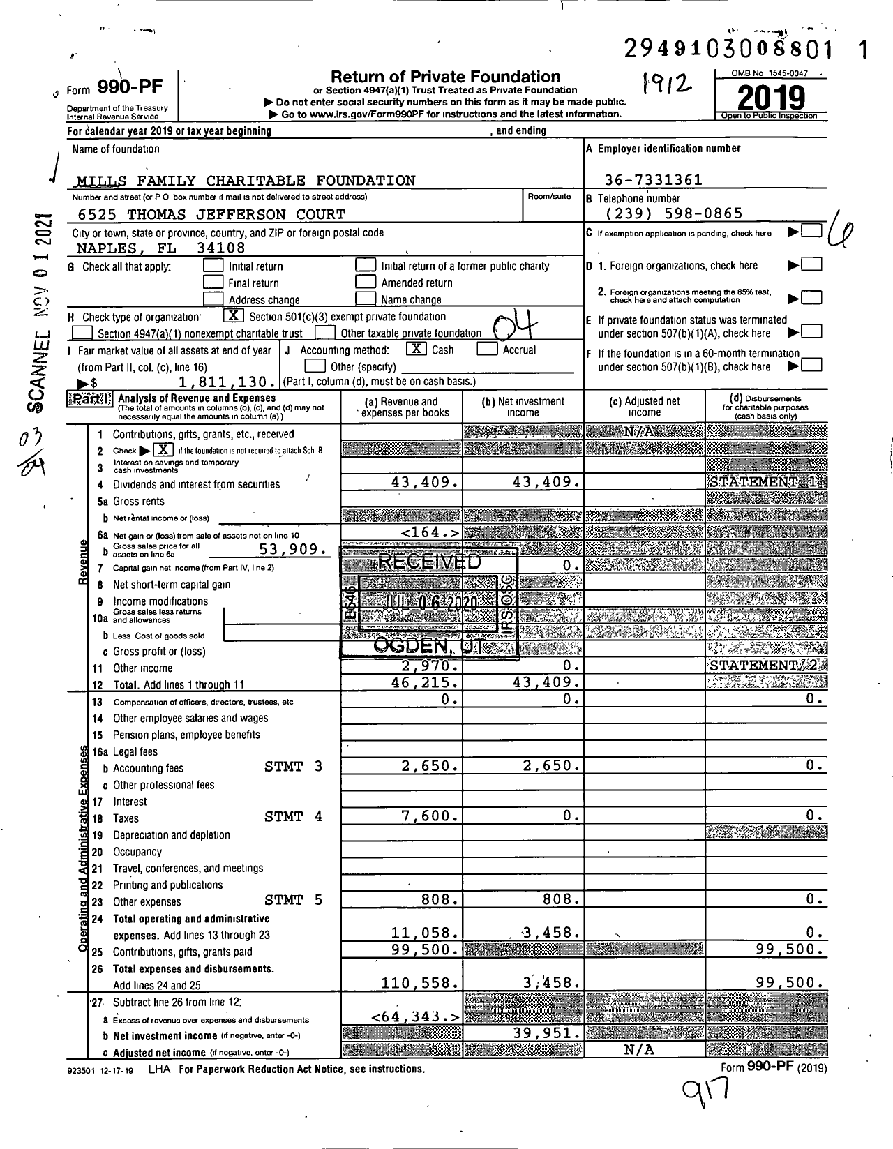 Image of first page of 2019 Form 990PF for Mills Family Charitable Foundation / Mills Douglas W & Virginia L Ttees