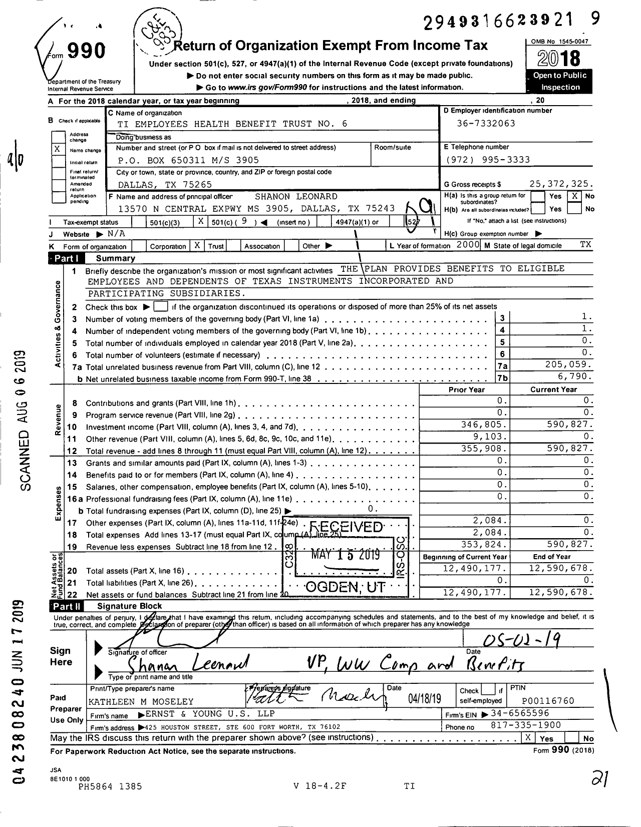 Image of first page of 2018 Form 990O for Ti Employees Health Benefit Trust No 6