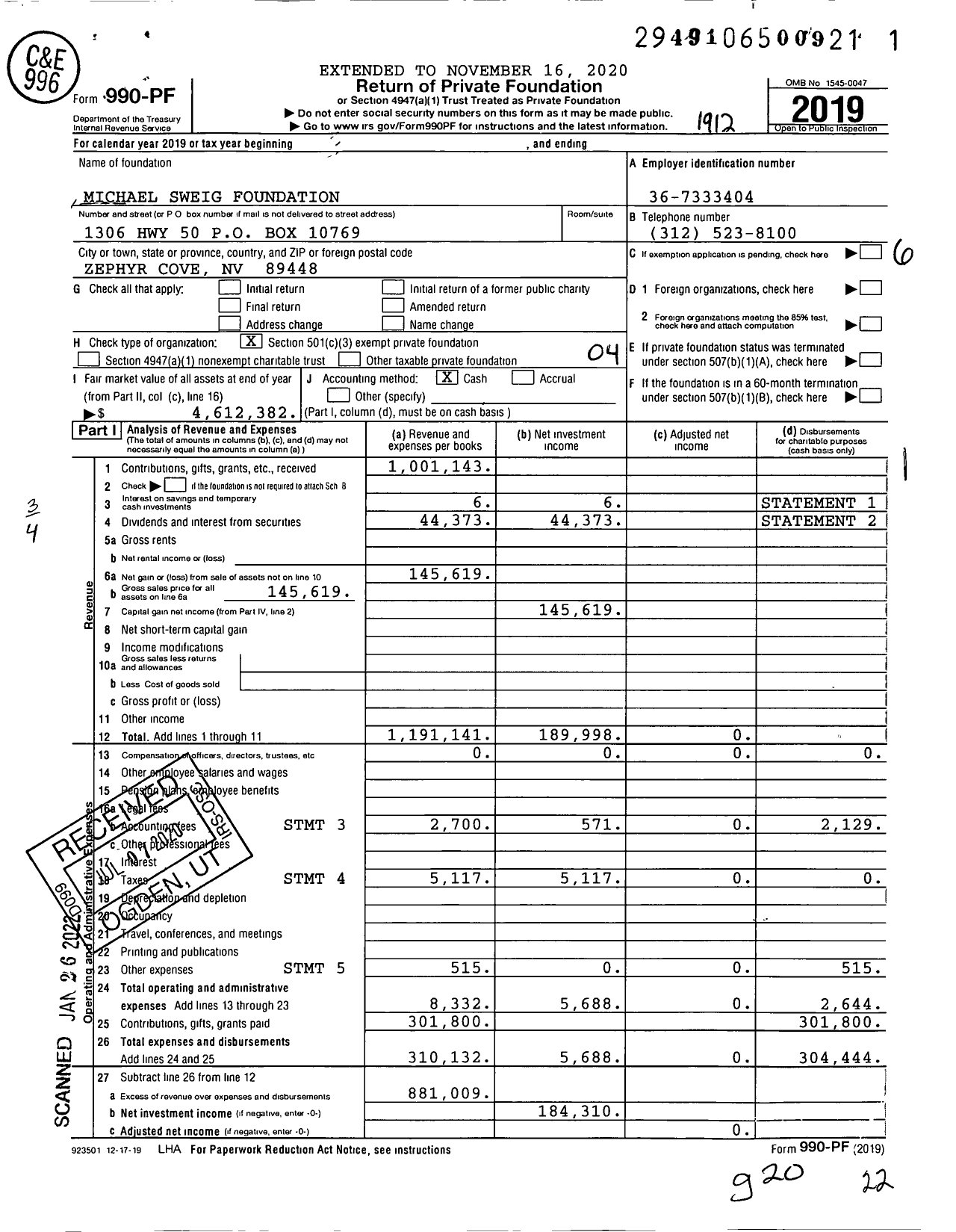 Image of first page of 2019 Form 990PF for Michael Sweig Foundation