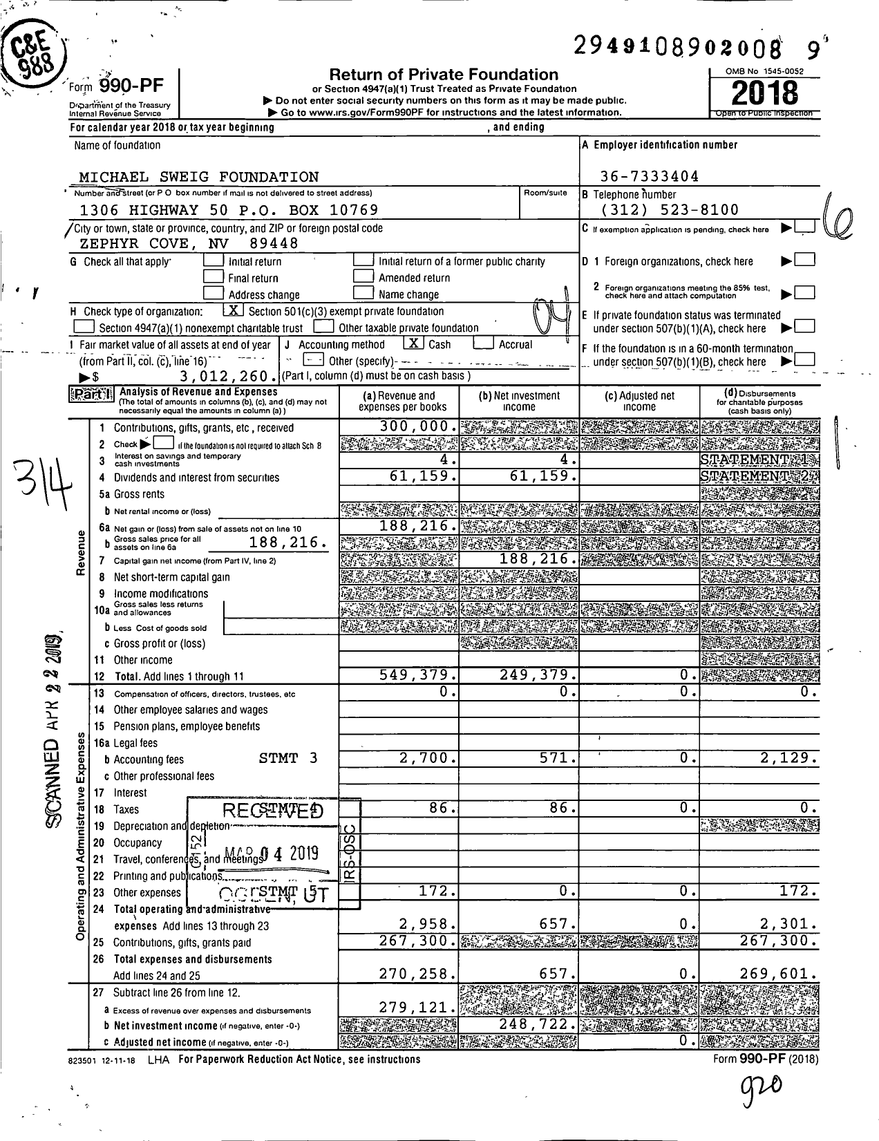 Image of first page of 2018 Form 990PF for Michael Sweig Foundation