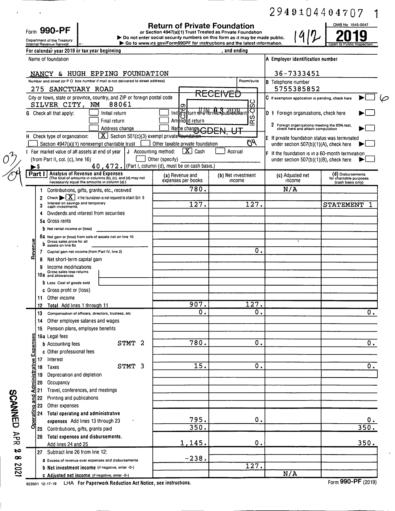 Image of first page of 2019 Form 990PF for Nancy and Hugh Epping Foundation