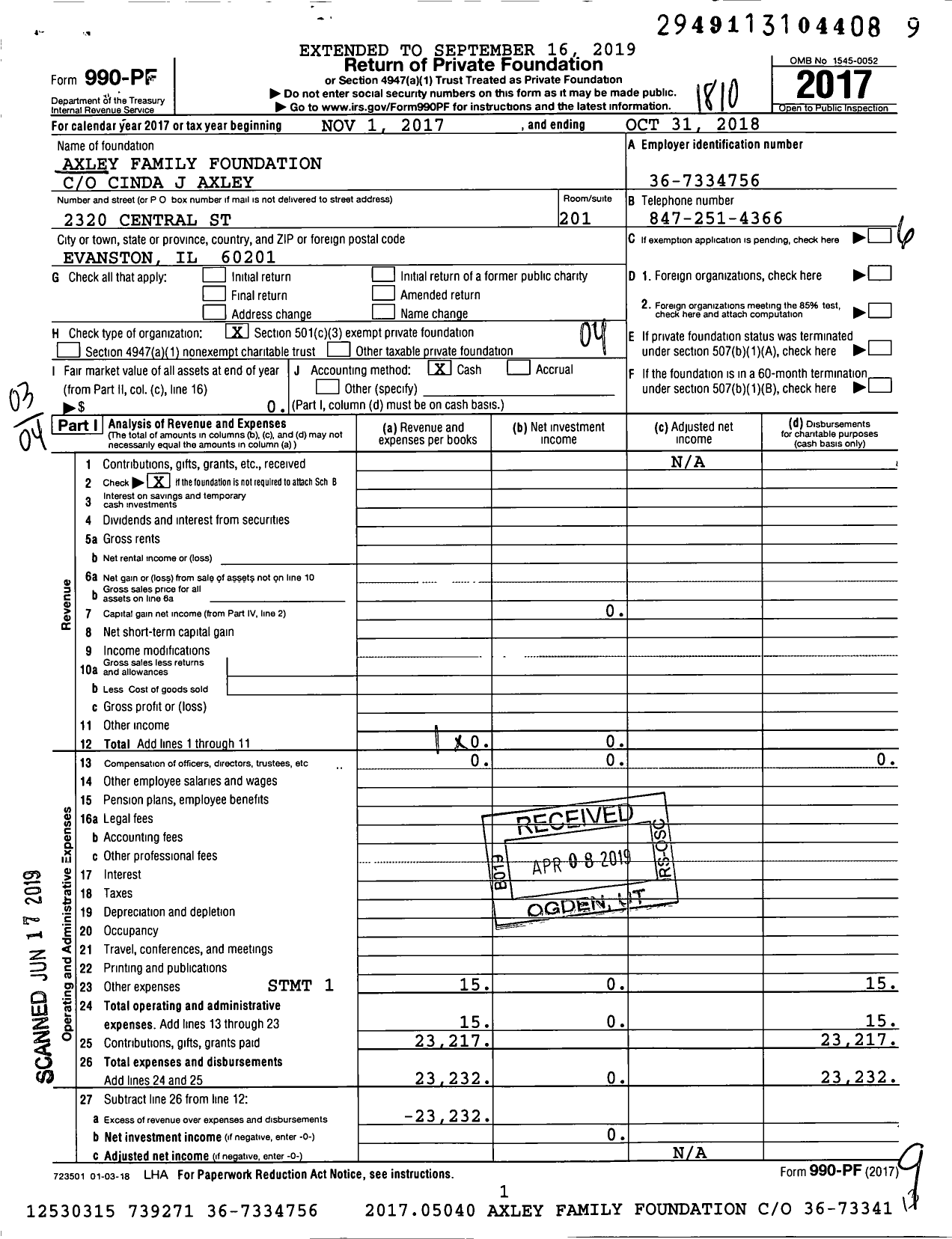 Image of first page of 2017 Form 990PF for Axley Family Foundation