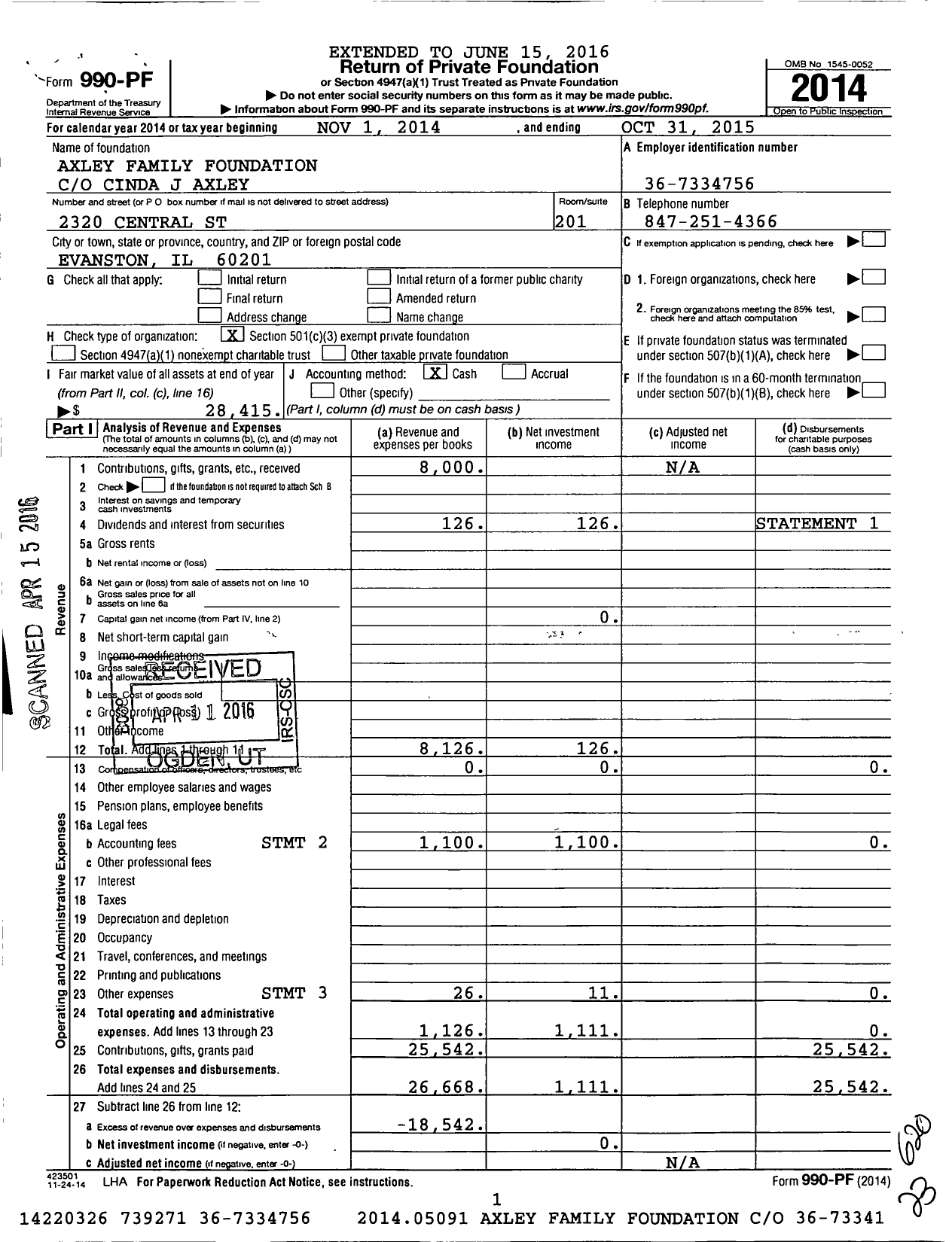 Image of first page of 2014 Form 990PF for Axley Family Foundation