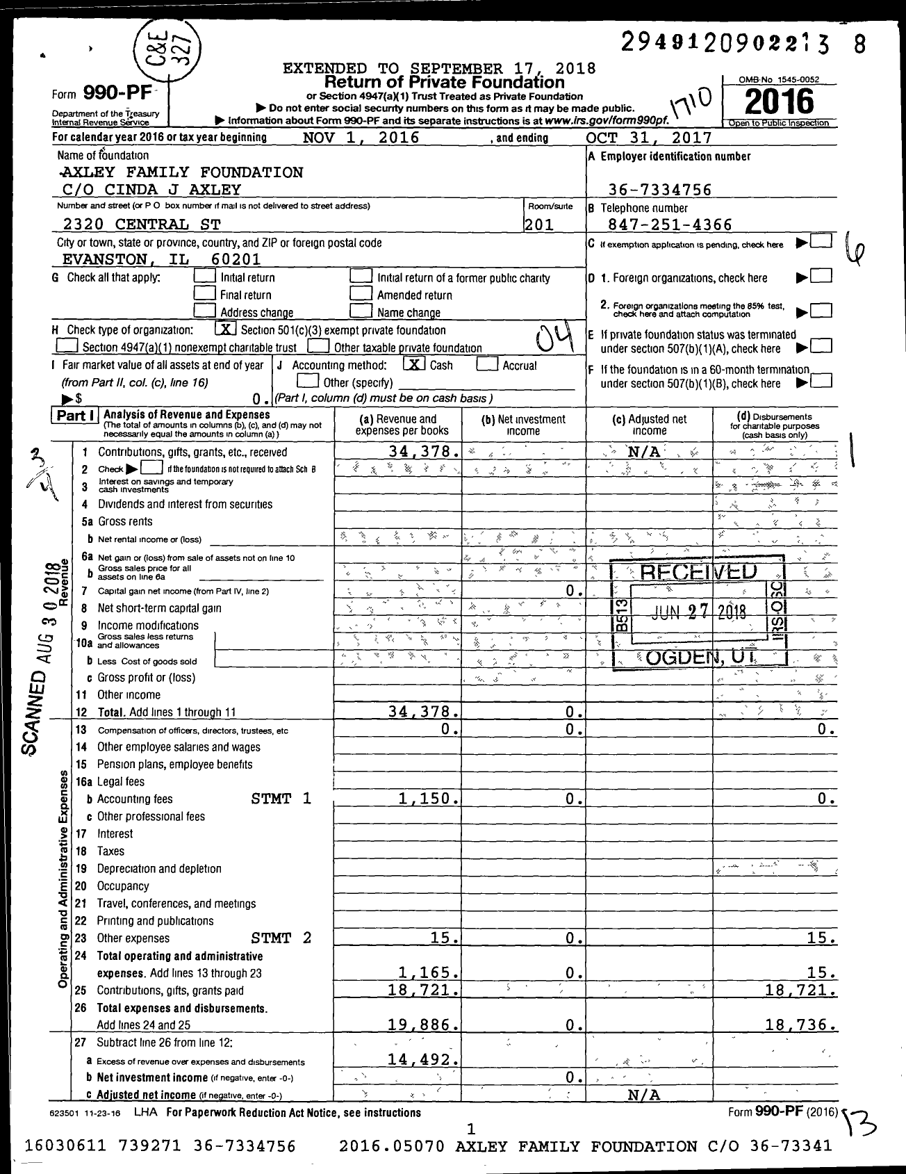 Image of first page of 2016 Form 990PF for Axley Family Foundation