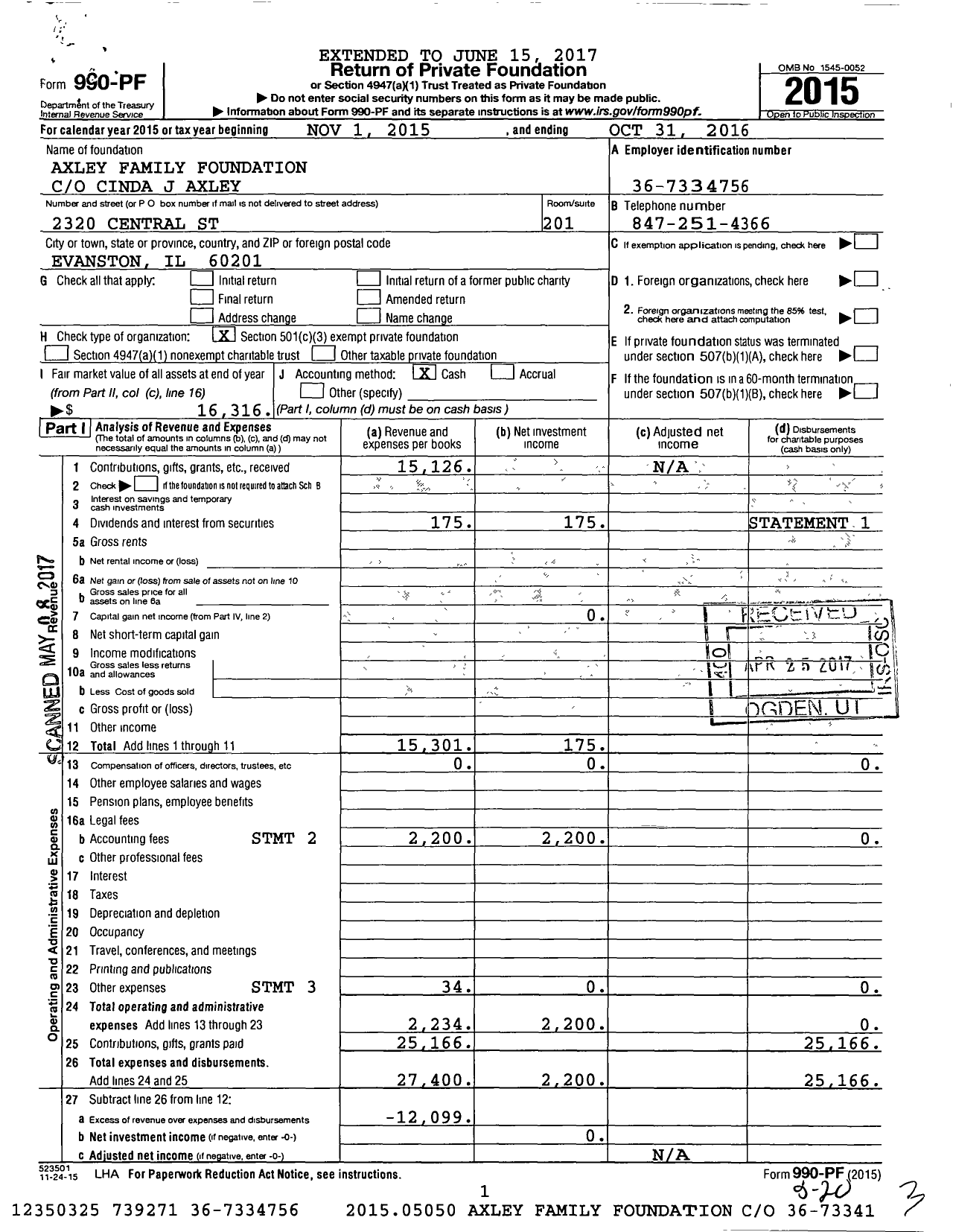 Image of first page of 2015 Form 990PF for Axley Family Foundation