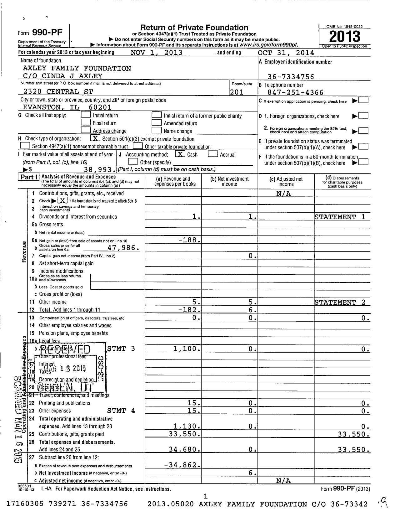 Image of first page of 2013 Form 990PF for Axley Family Foundation