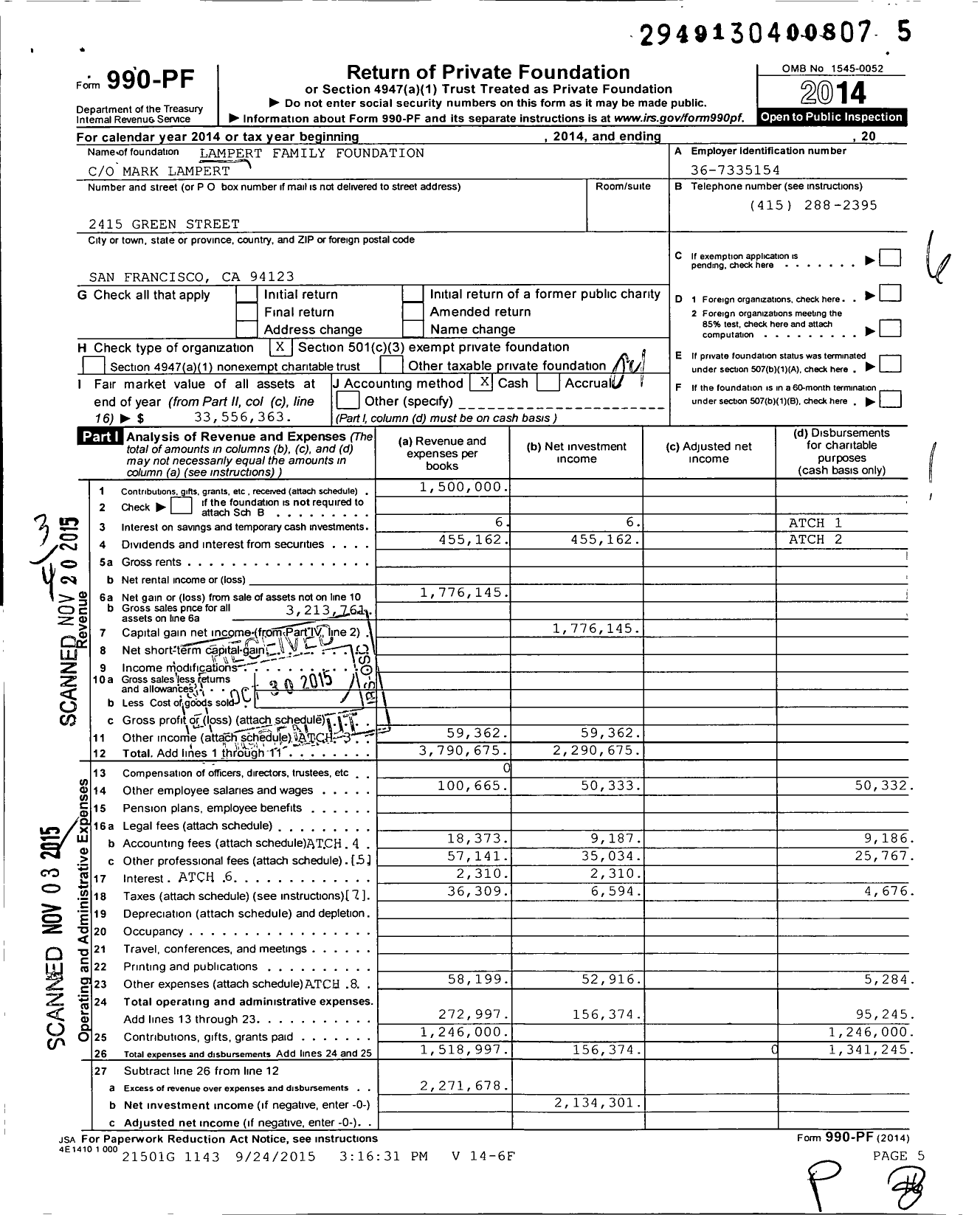 Image of first page of 2014 Form 990PF for Lampert Family Foundation