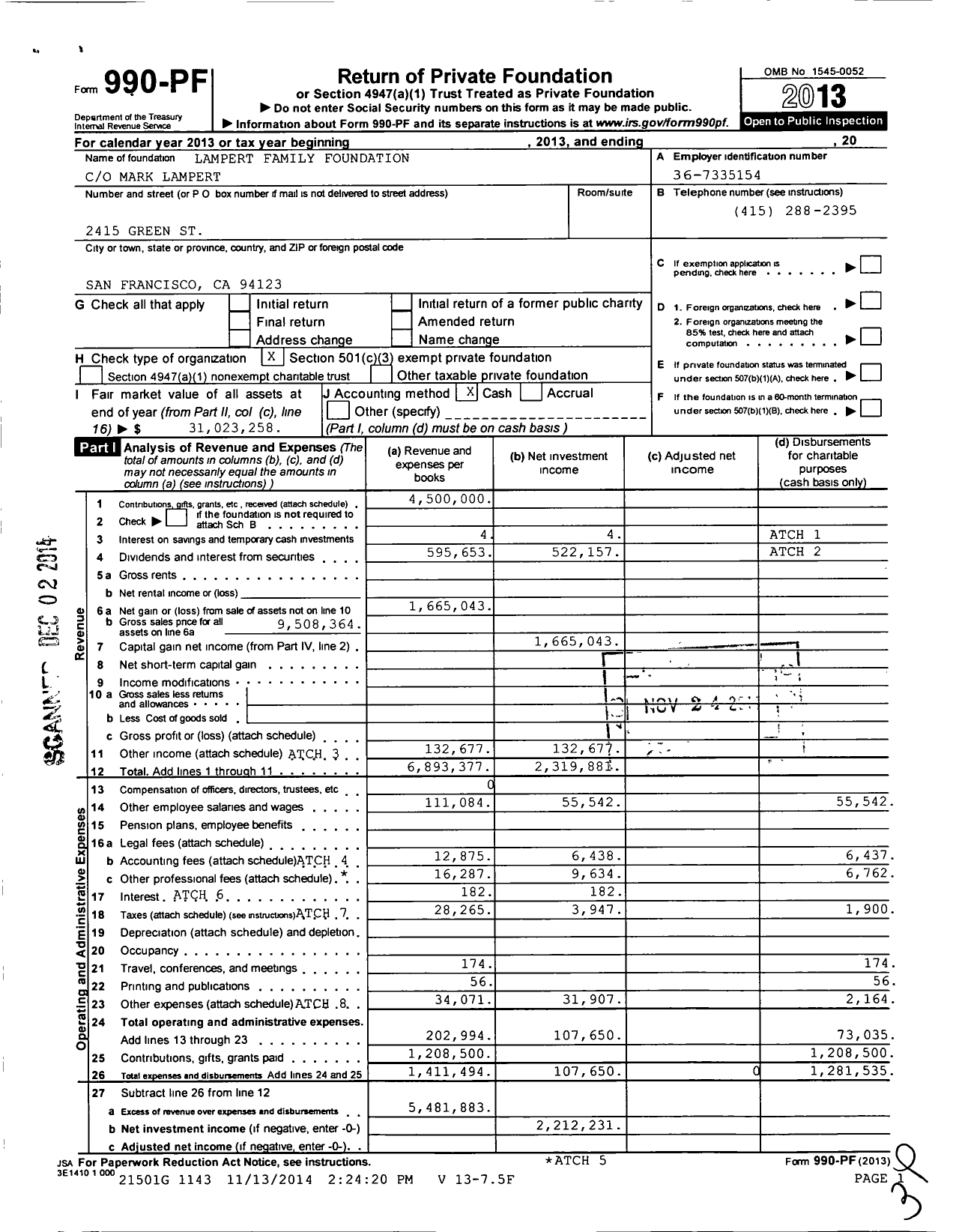 Image of first page of 2013 Form 990PF for Lampert Family Foundation