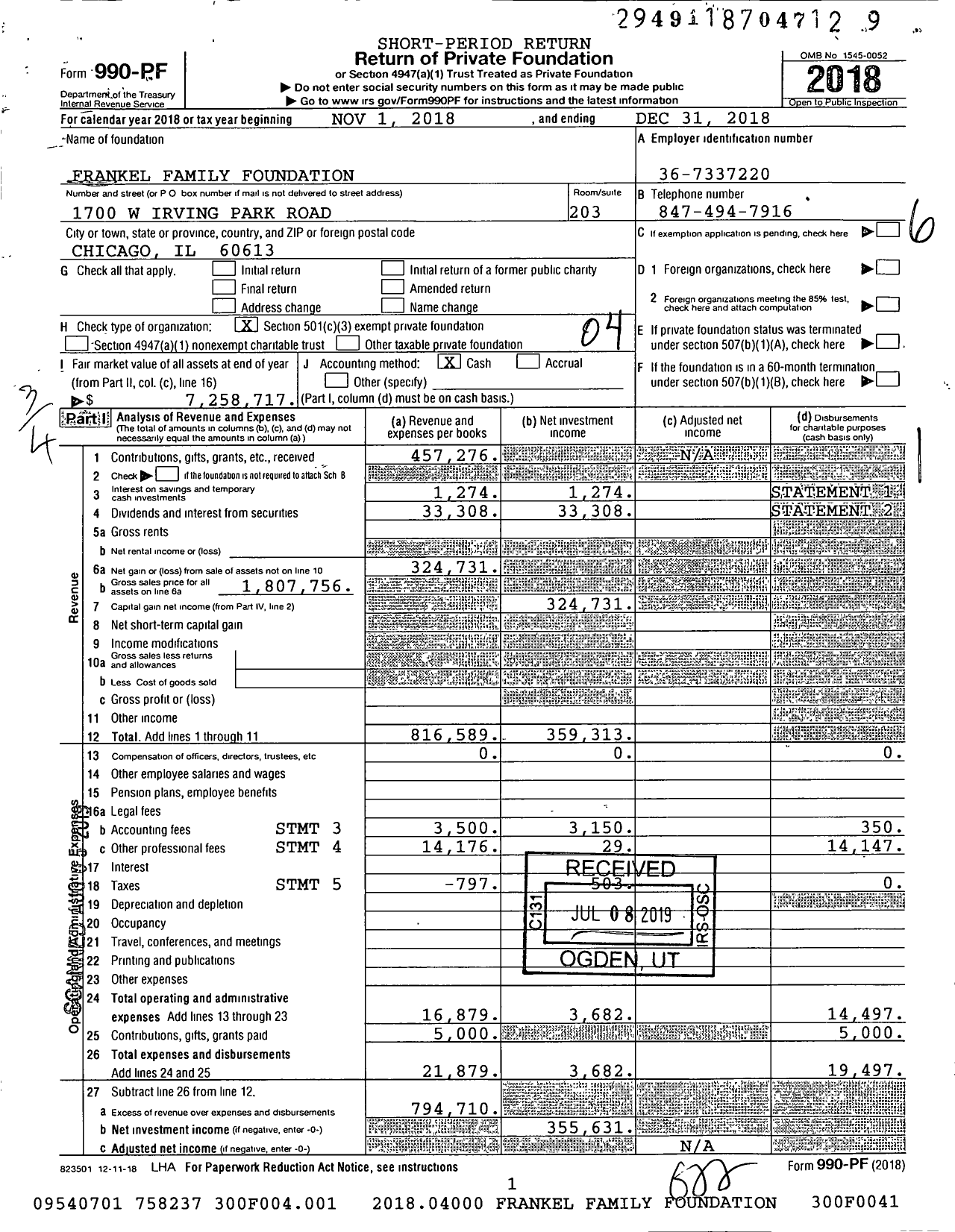 Image of first page of 2018 Form 990PF for Frankel Family Foundation