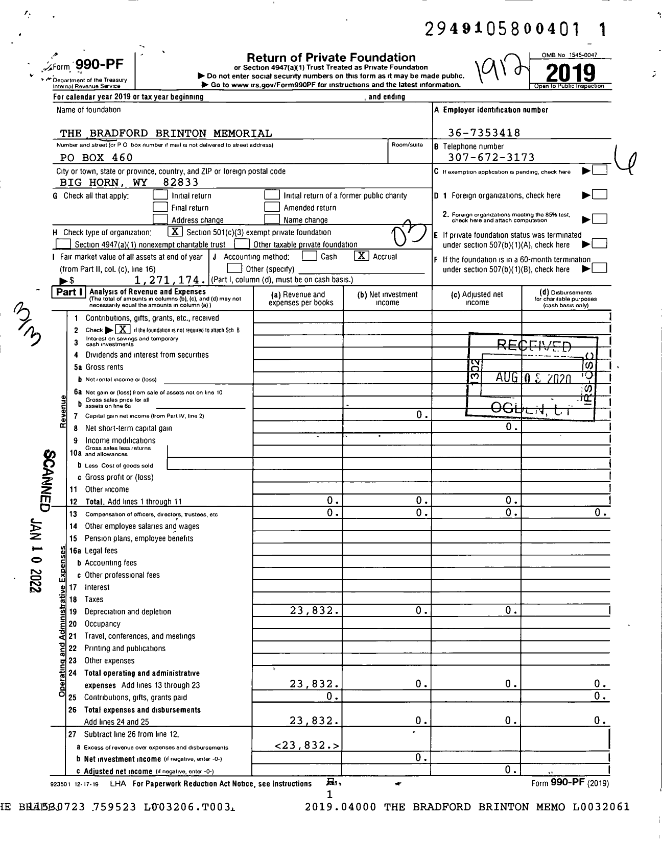 Image of first page of 2019 Form 990PF for The Bradford Brinton Memorial