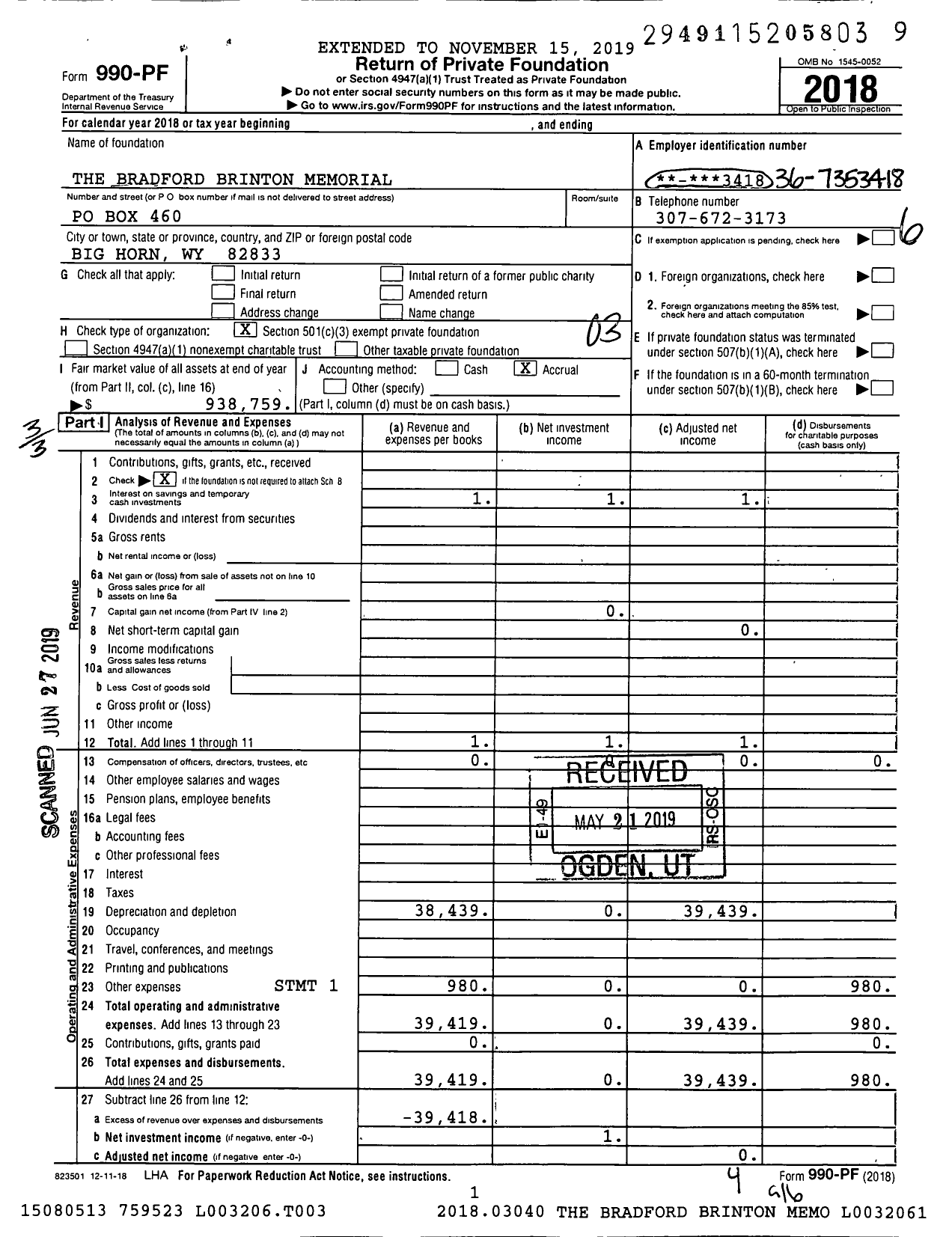 Image of first page of 2018 Form 990PF for The Bradford Brinton Memorial