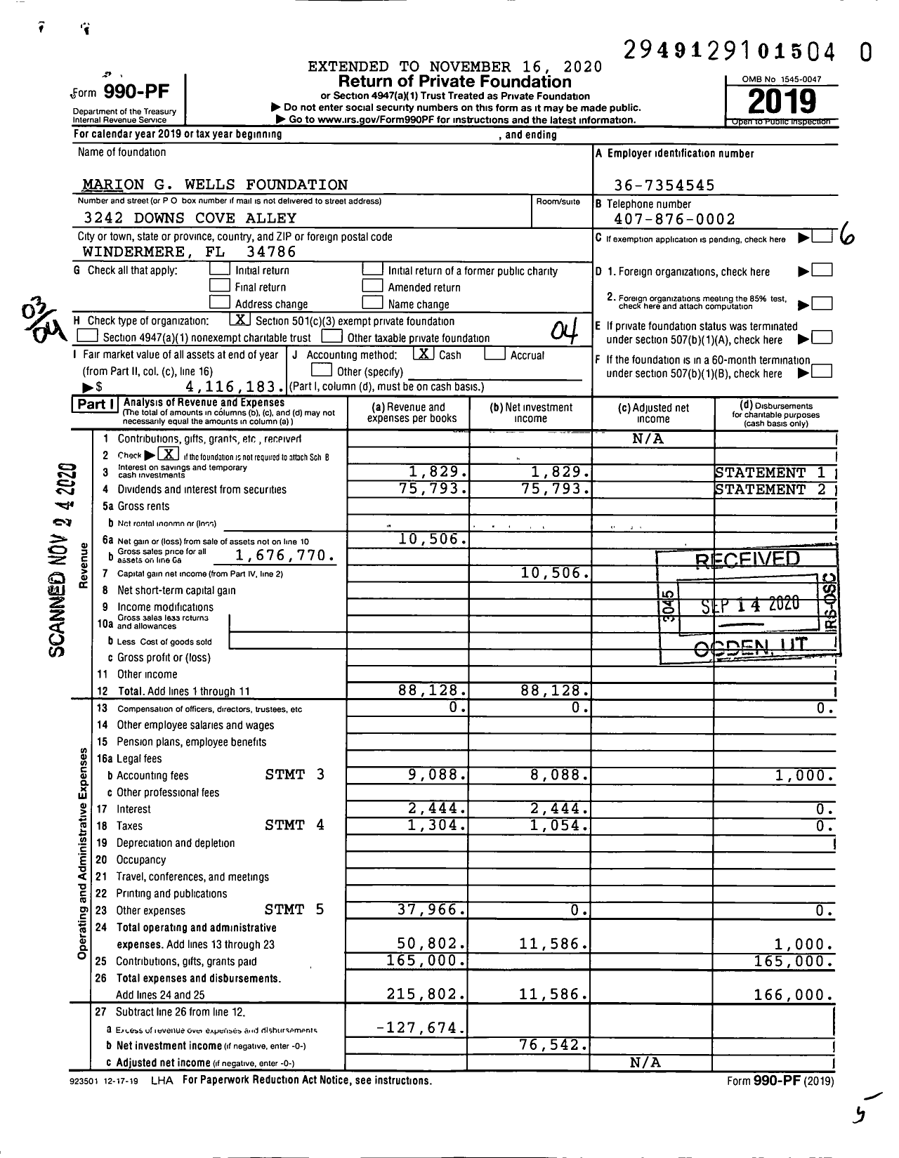 Image of first page of 2019 Form 990PF for Marion G Wells Foundation
