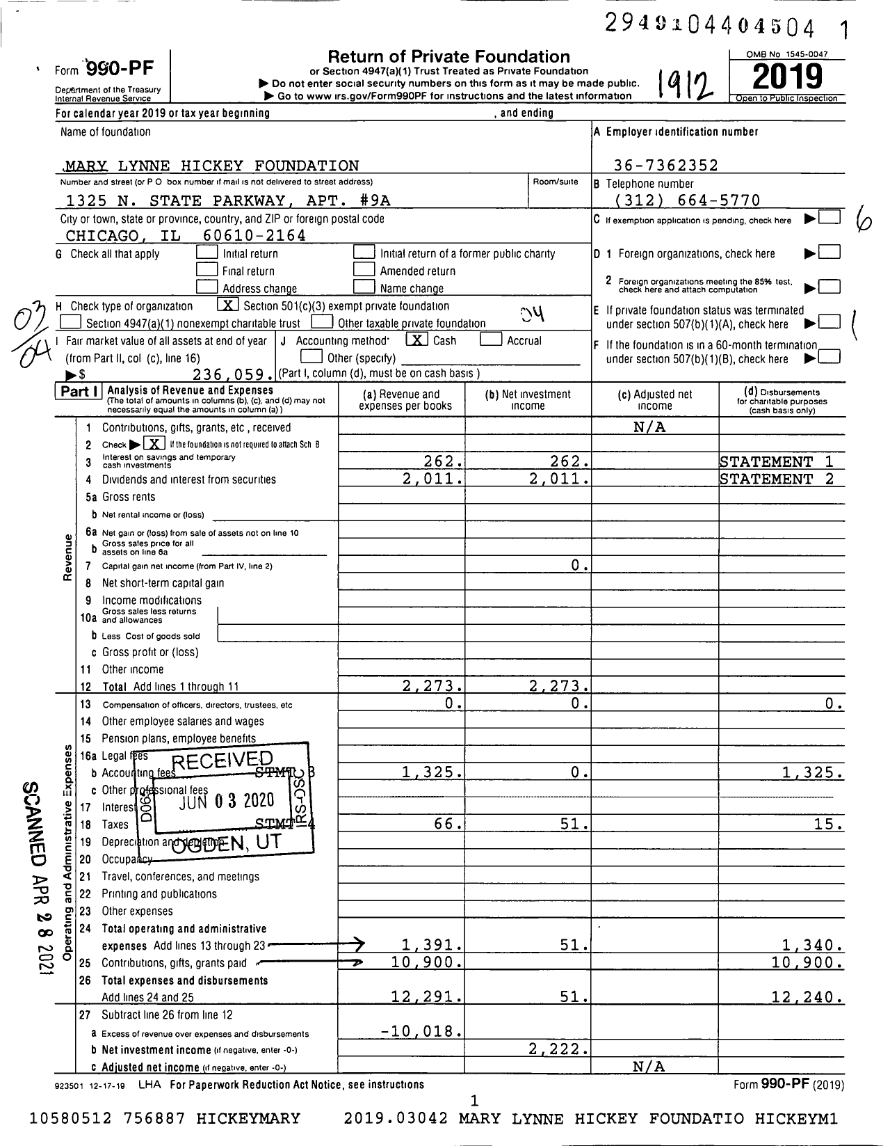 Image of first page of 2019 Form 990PF for Mary Lynne Hickey Foundation