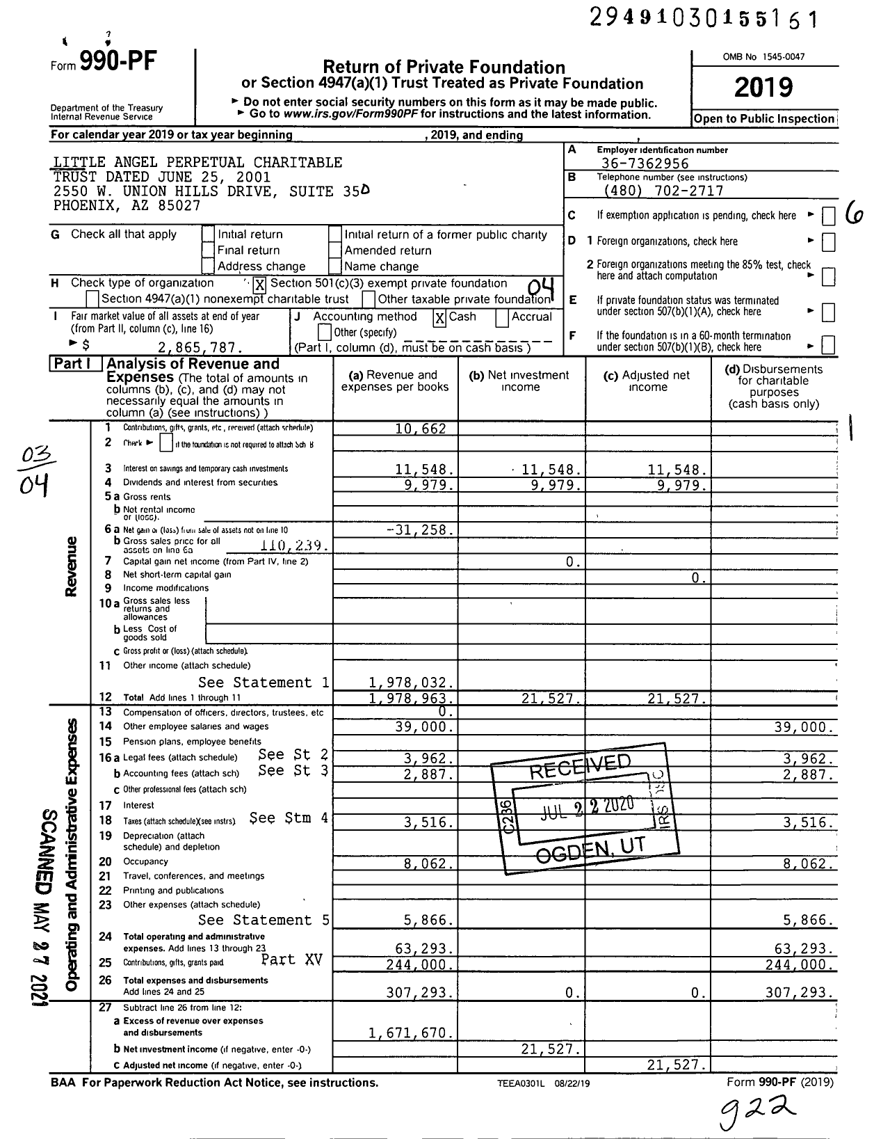 Image of first page of 2019 Form 990PF for Kingdom Charitable Trust