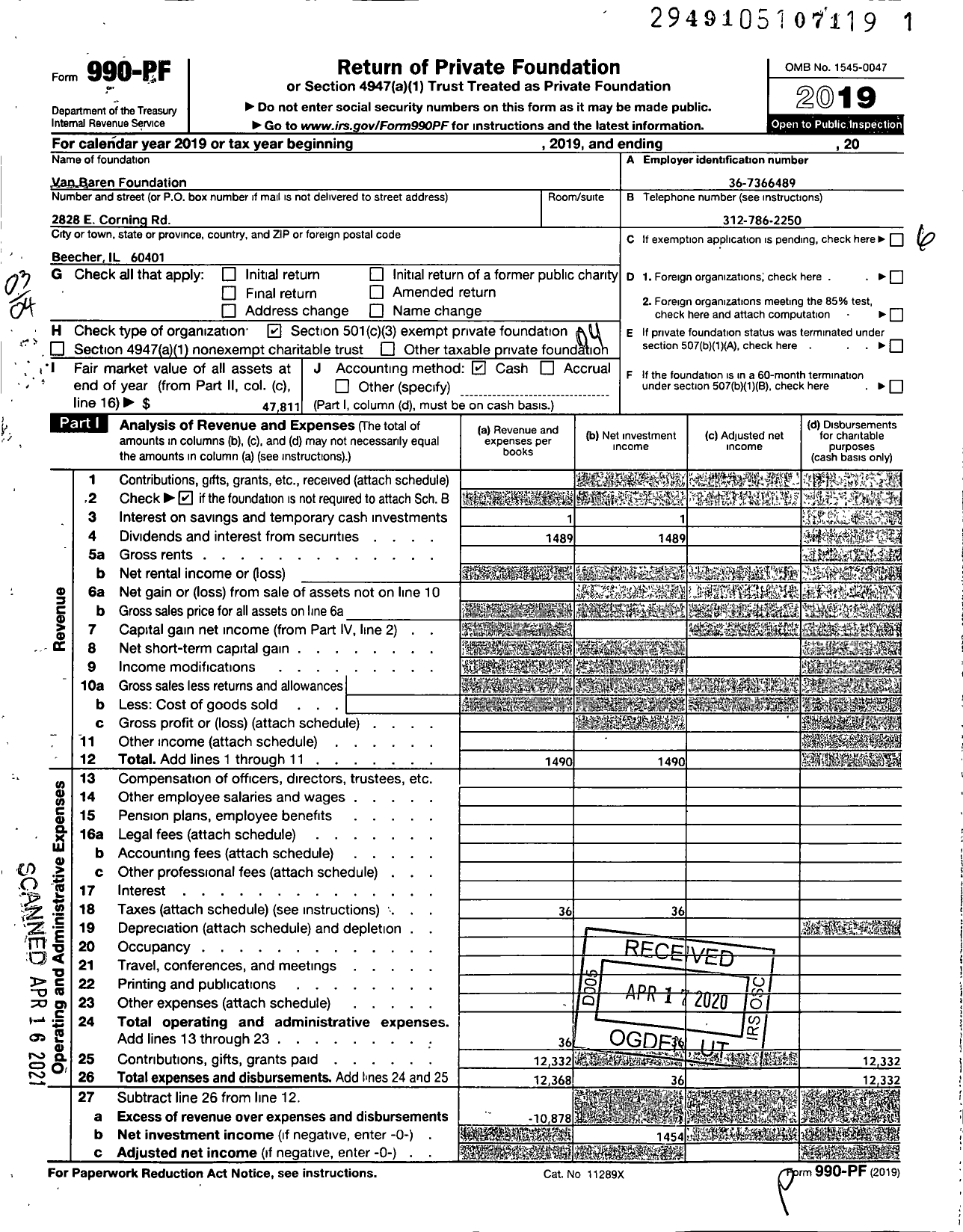 Image of first page of 2019 Form 990PF for Van Baren Foundation