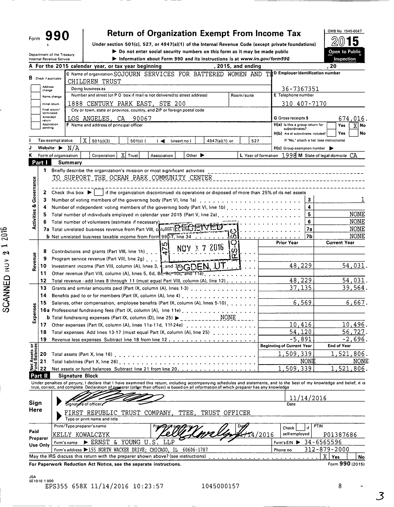 Image of first page of 2015 Form 990 for Sojourn Services for Battered Women and Their Children Trust