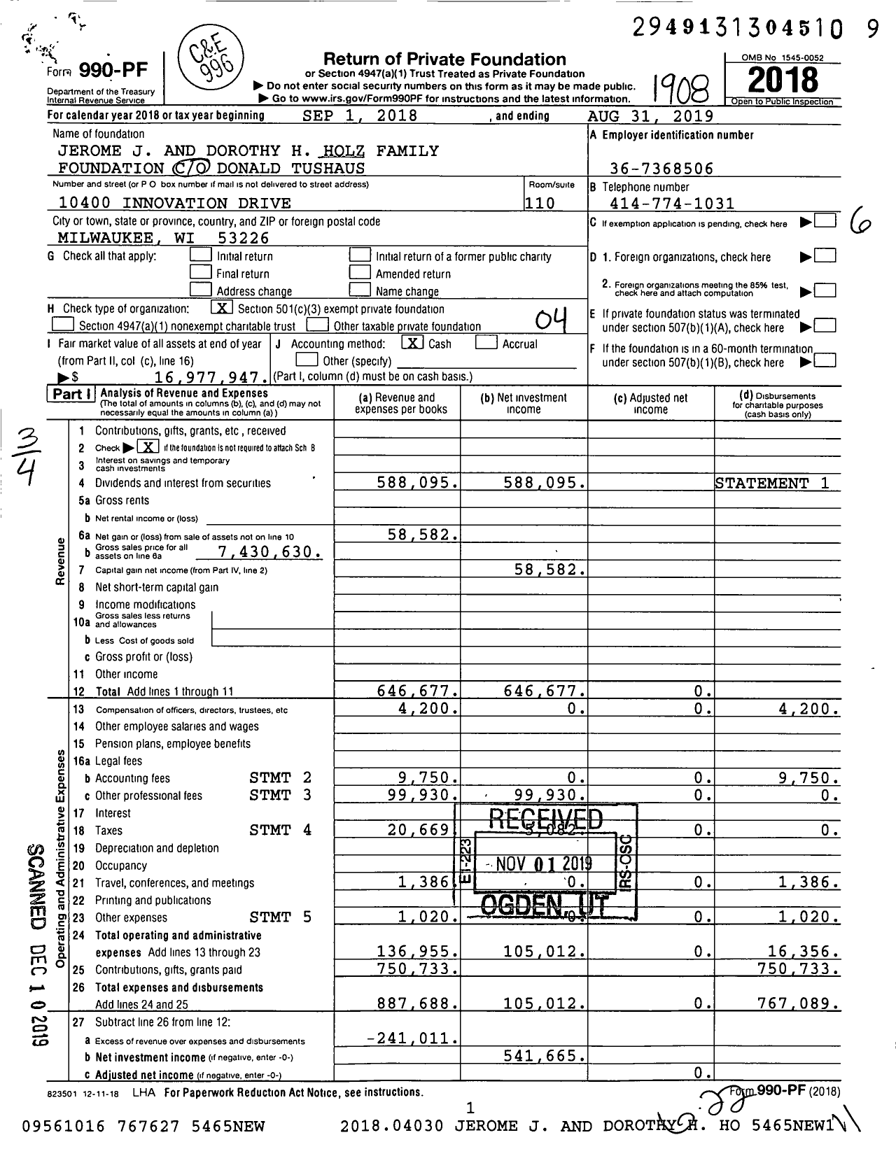 Image of first page of 2018 Form 990PF for Jerome J and Dorothy H Holz Family Foundation