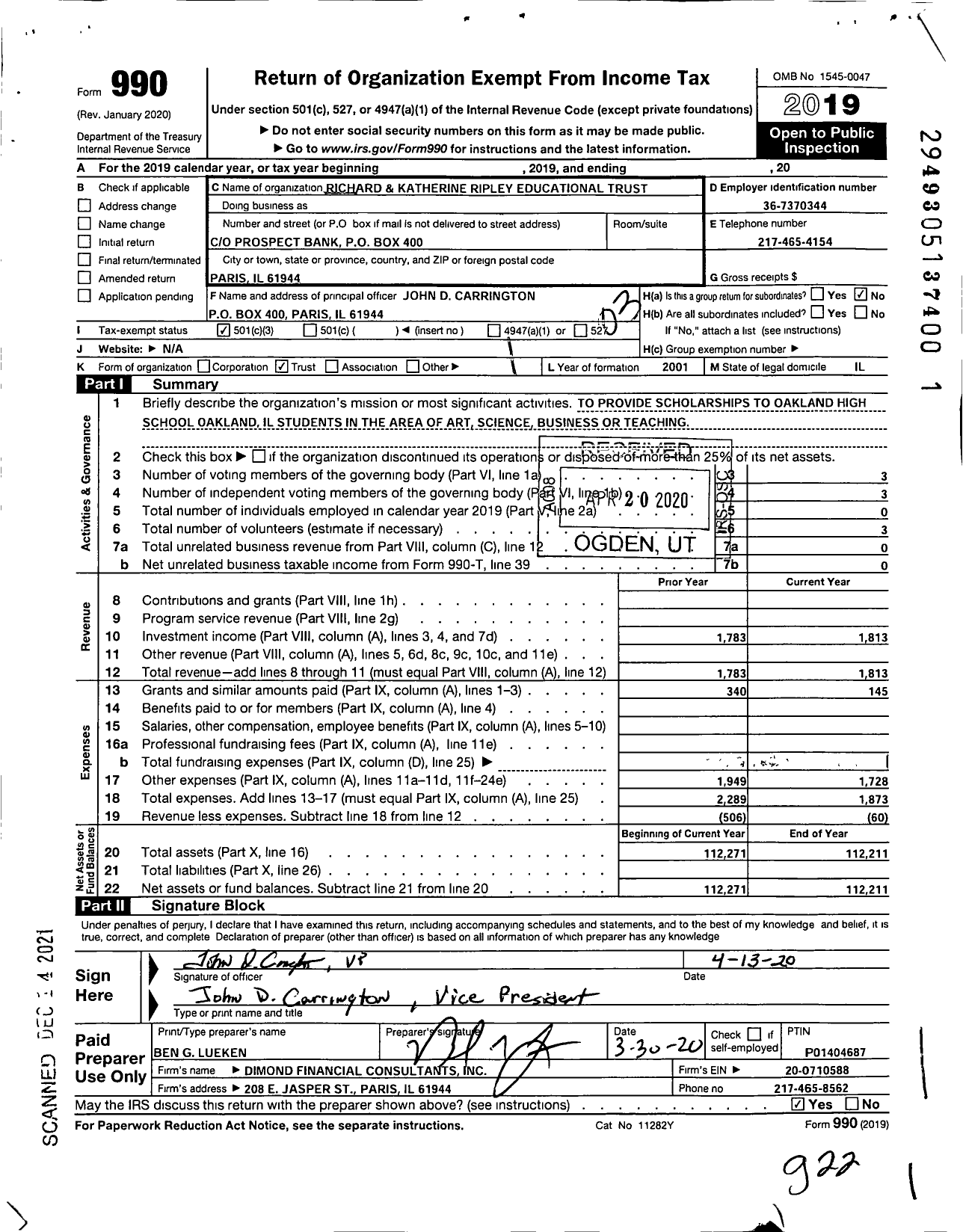 Image of first page of 2019 Form 990 for Richard and Katherine Ripley Educational Trust