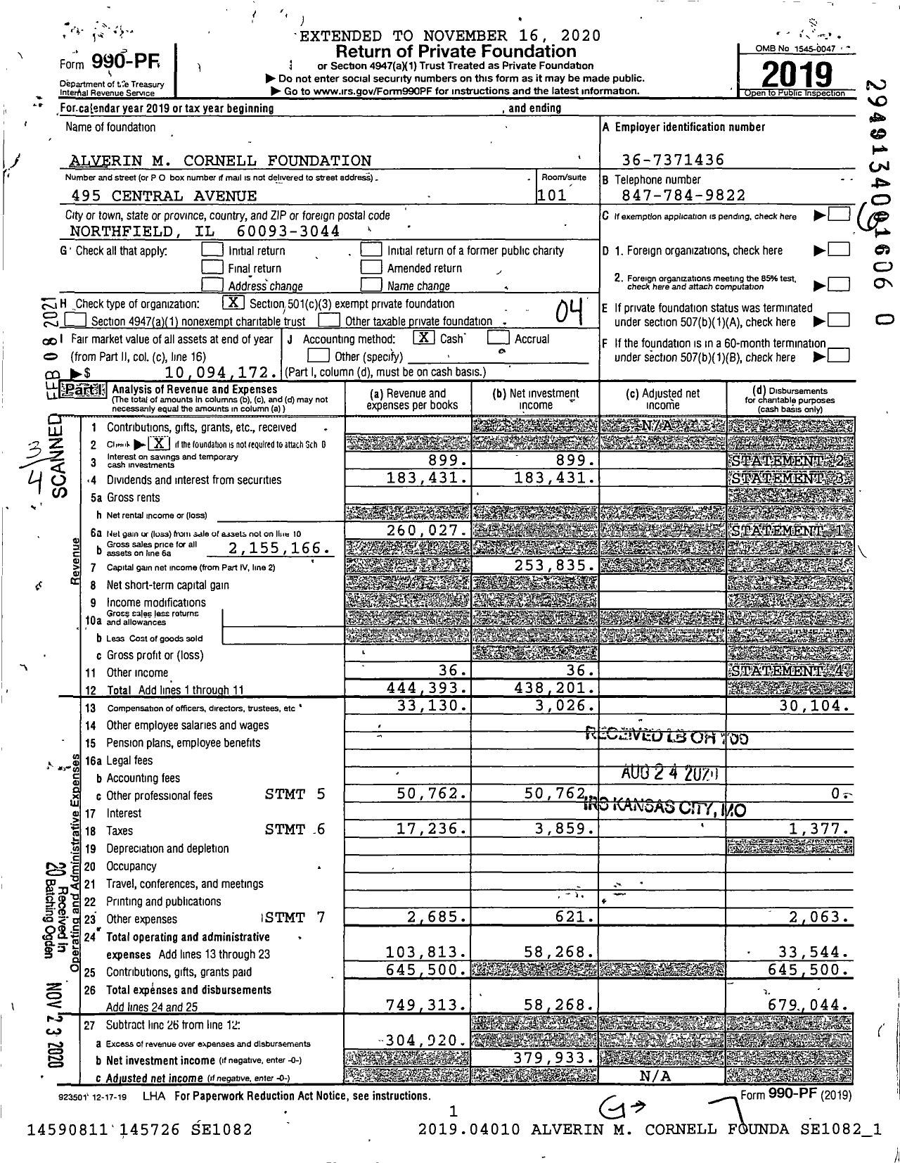 Image of first page of 2019 Form 990PF for Alverin M Cornell Foundation