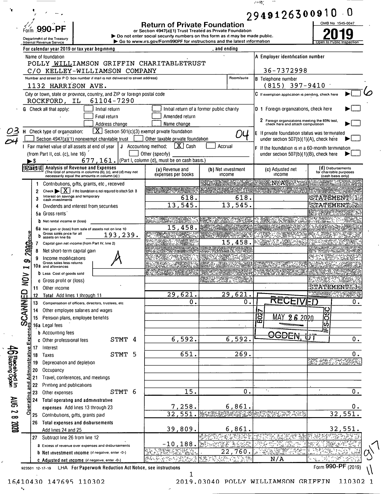 Image of first page of 2019 Form 990PF for Polly Williamson Griffin Charitabletrust