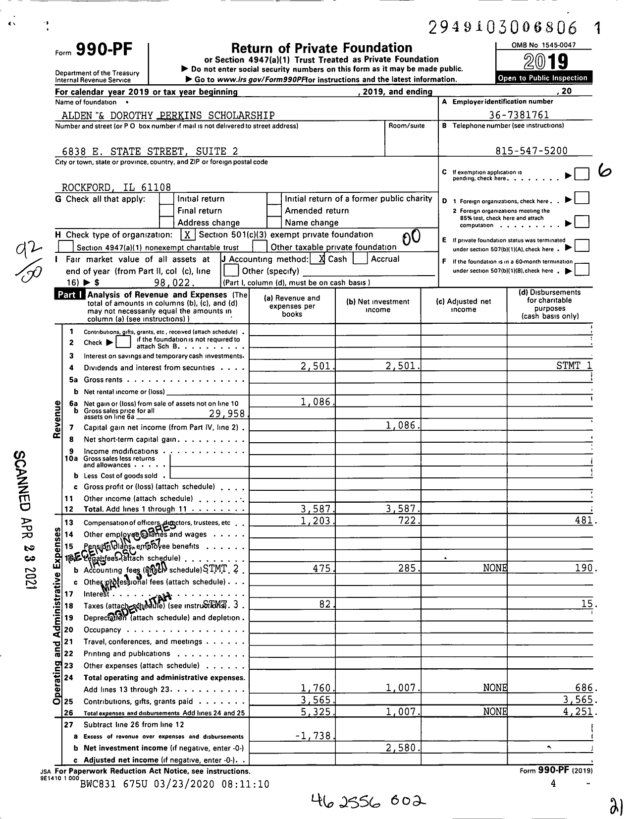 Image of first page of 2019 Form 990PF for Alden and Dorothy Perkins Scholarship